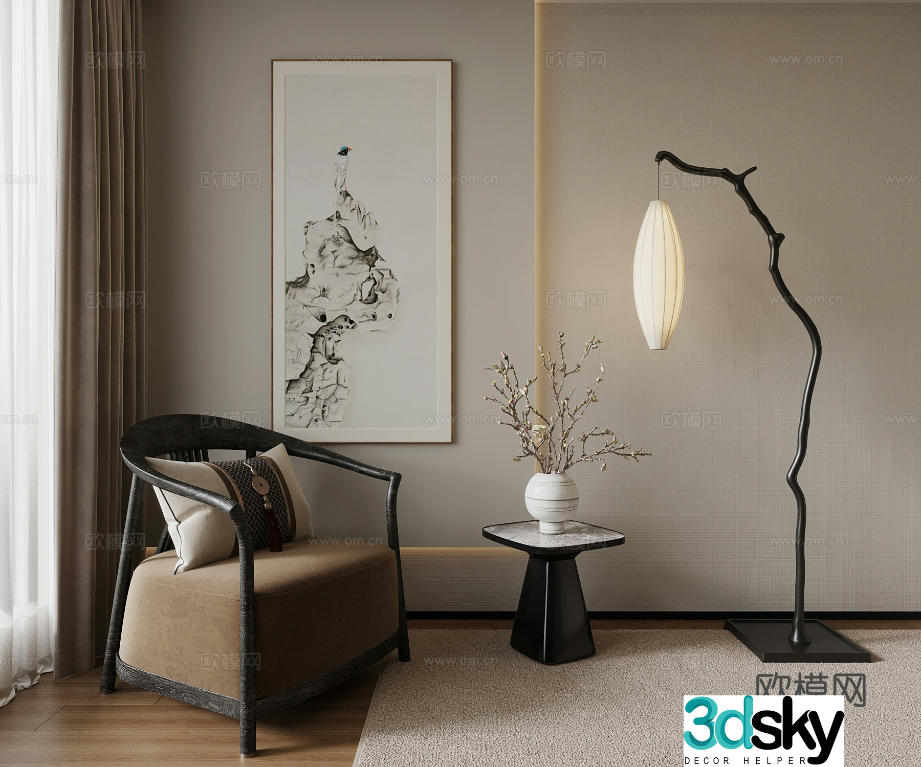 New Chinese style chair ring chair floor lamp 3d model