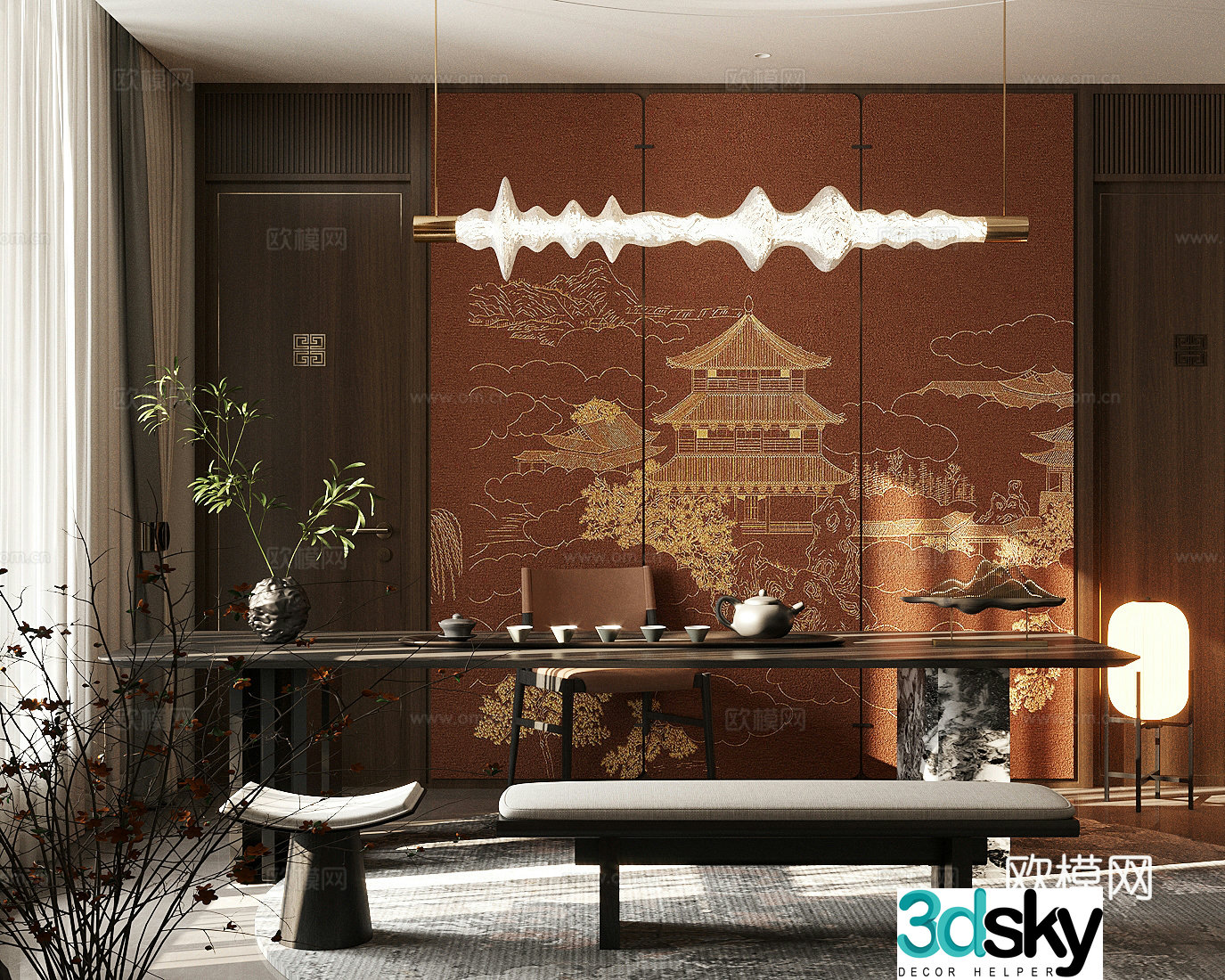 New Chinese-style tea room Club tea room Tea table and chair combination Chandelier 3D model