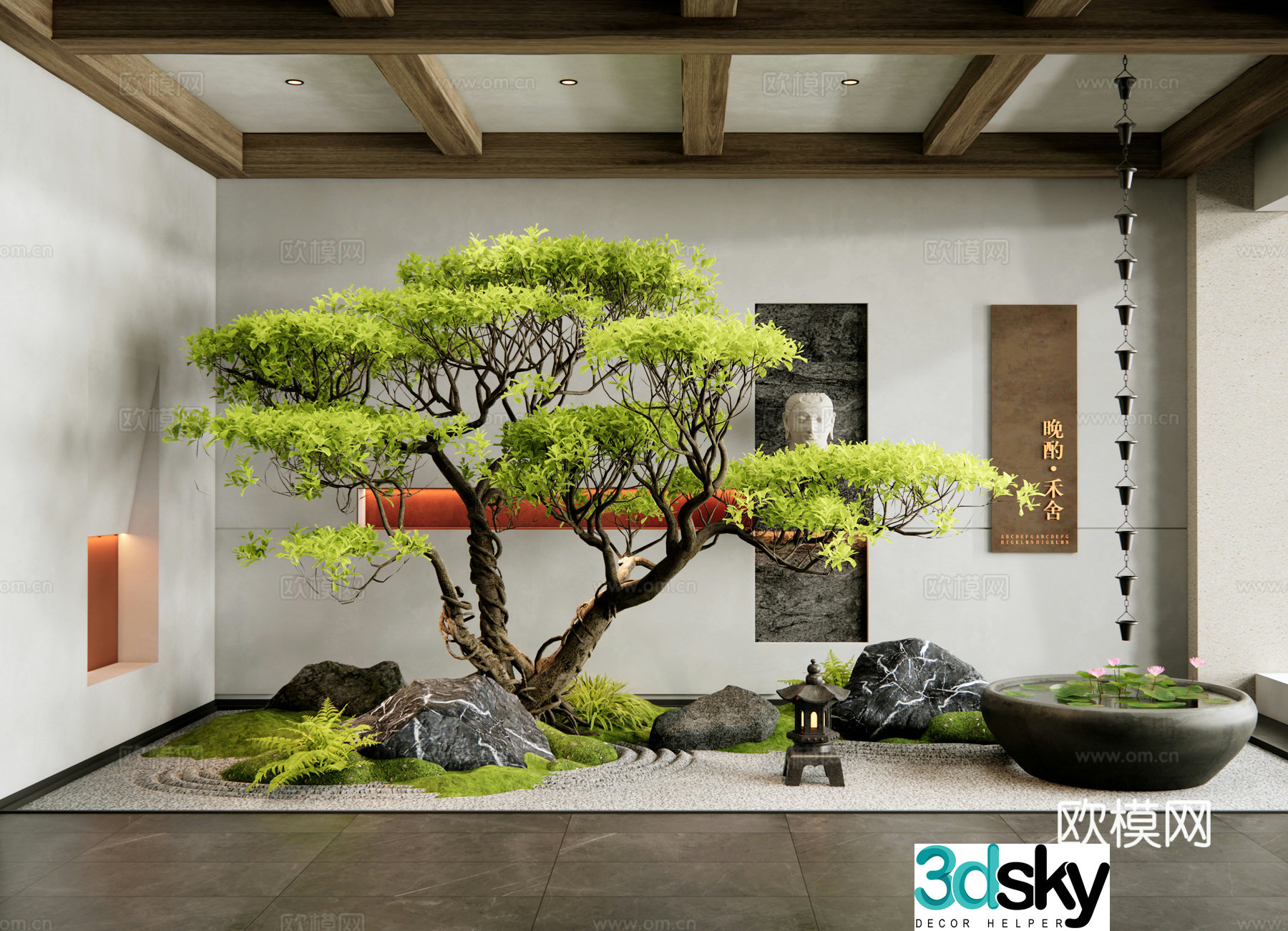 New Chinese style courtyard sketch Indoor landscape landscaping Dead landscape landscape stones Water bowl waterscape 3D model