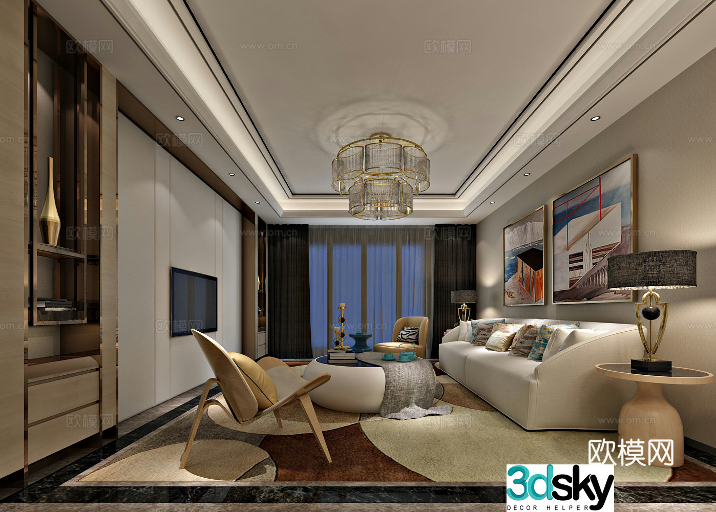 Modern living room sofa coffee table TV cabinet chandeliers paintings restaurant 3d model