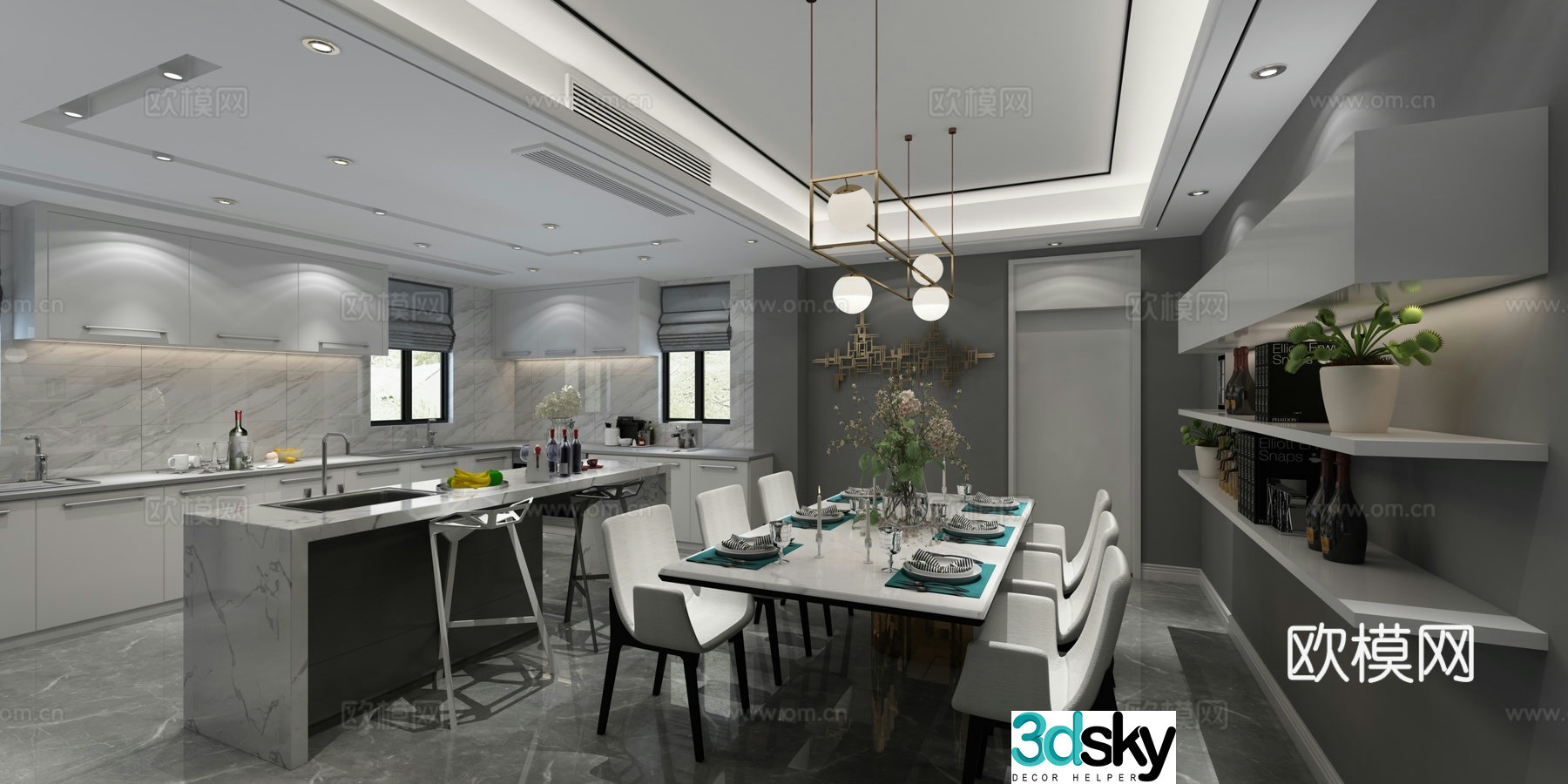Modern villa living and dining room panoramic model cabinet glass handrail staircase modern sofa background 3d model