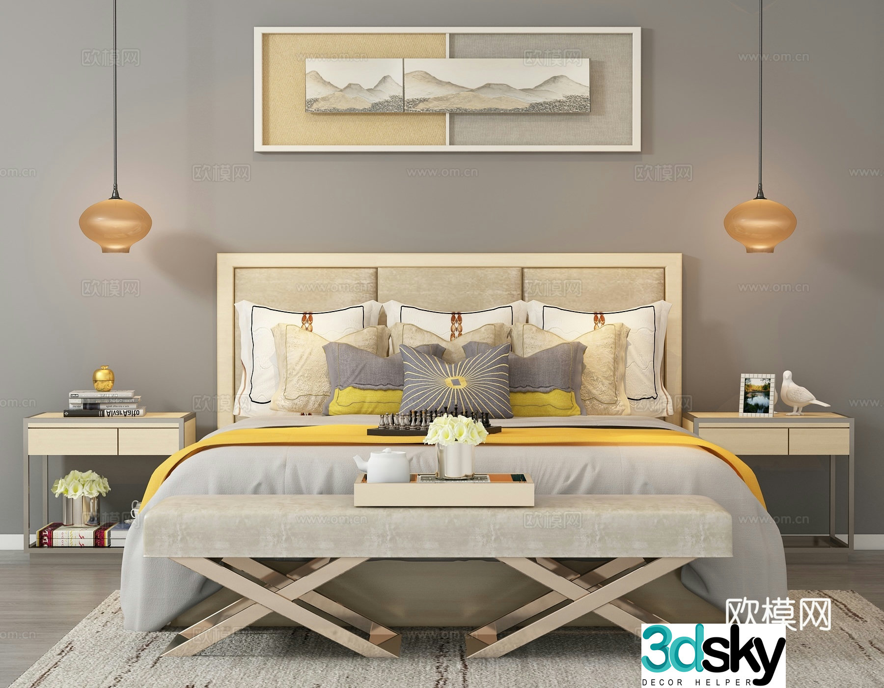 Modern double bed desk lamp hanging painting 3d model