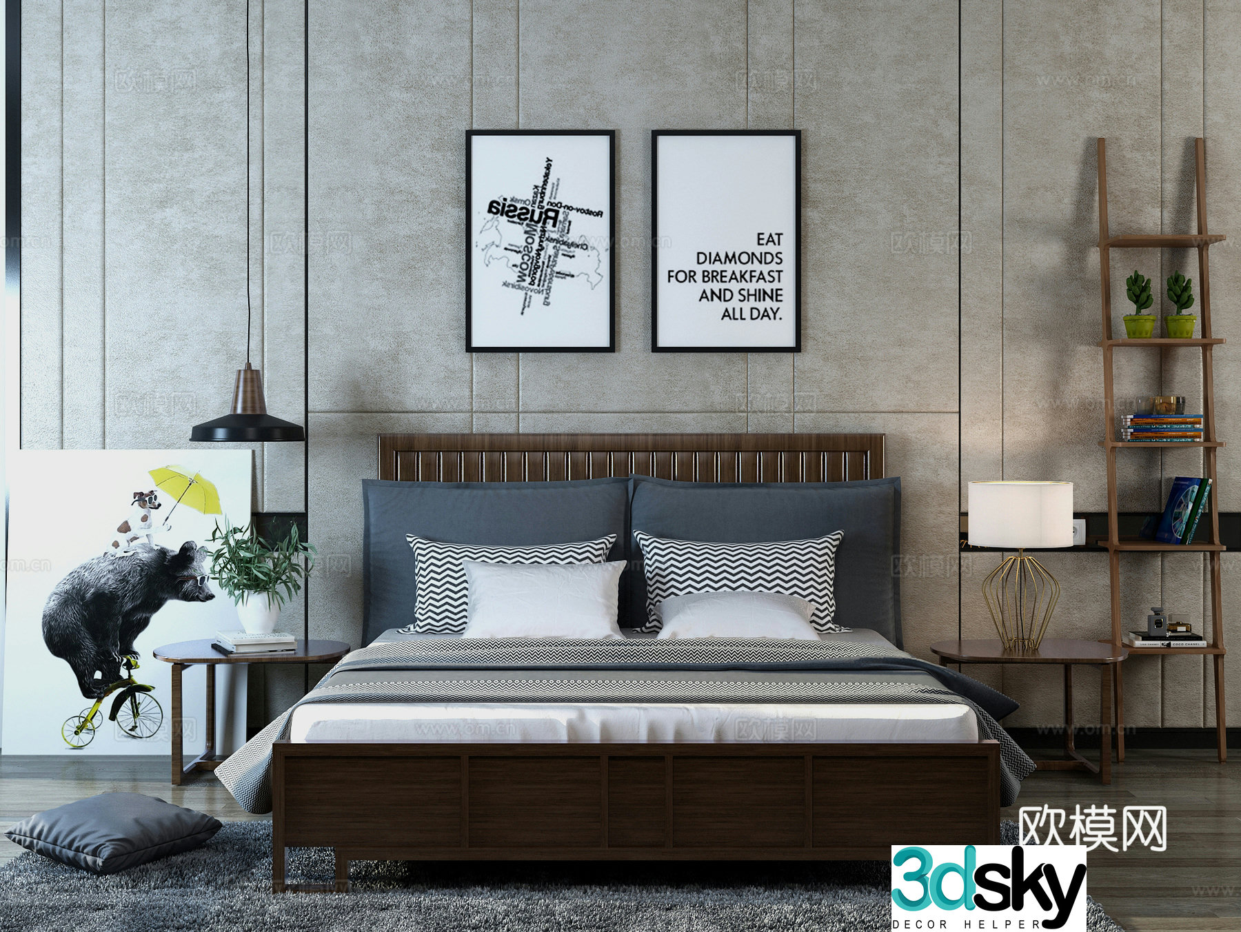 Nordic bed bookshelf bedroom painting desk lamp carpet 3d model