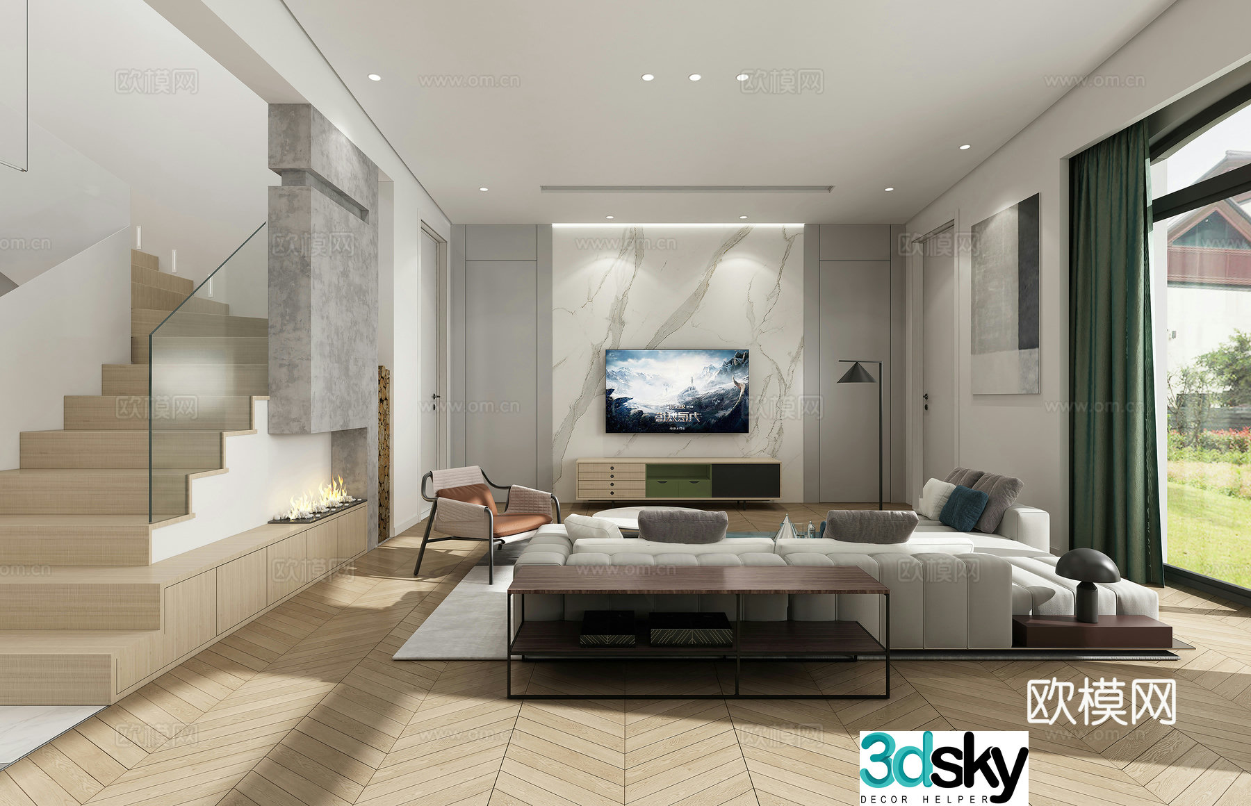 Modern minimalist living and dining room invisible door TV cabinet sofa floor lamp back dining table 3D model