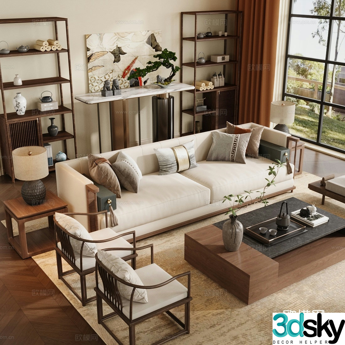 New Chinese living room small living room horizontal living room sofa and coffee table combination 3D model