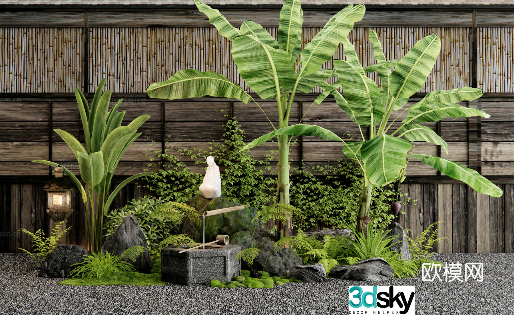 Japanese plant combination Garden sketch Waterscape Plant Landscape Stone Plant Pile Water Bowl 3D Model