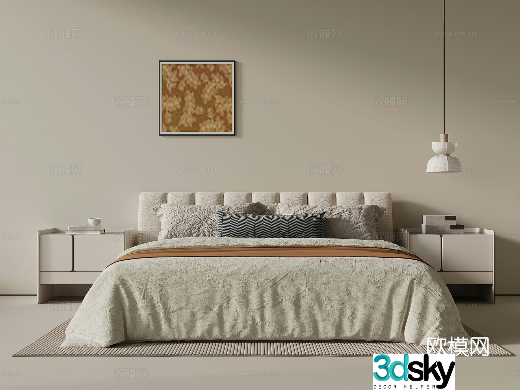 Modern double bed nightstand chandelier 3d model