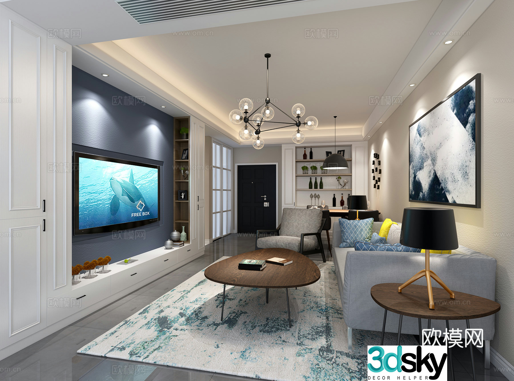 Modern living room dining table chair sofa coffee table chandelier desktop ornament hanging painting 3D model