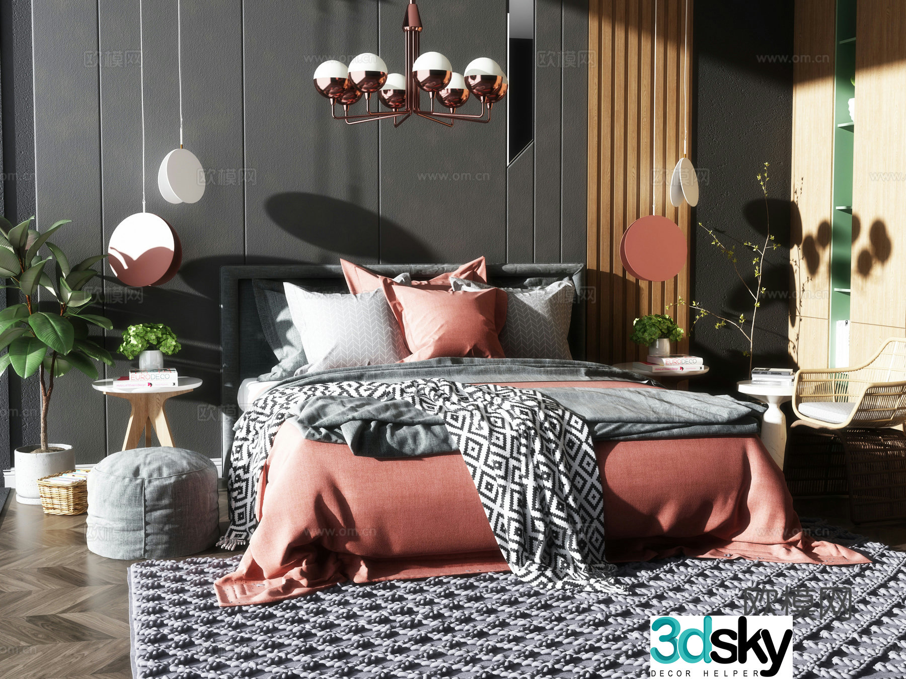Modern double bed nightstand chandelier combination 3d model