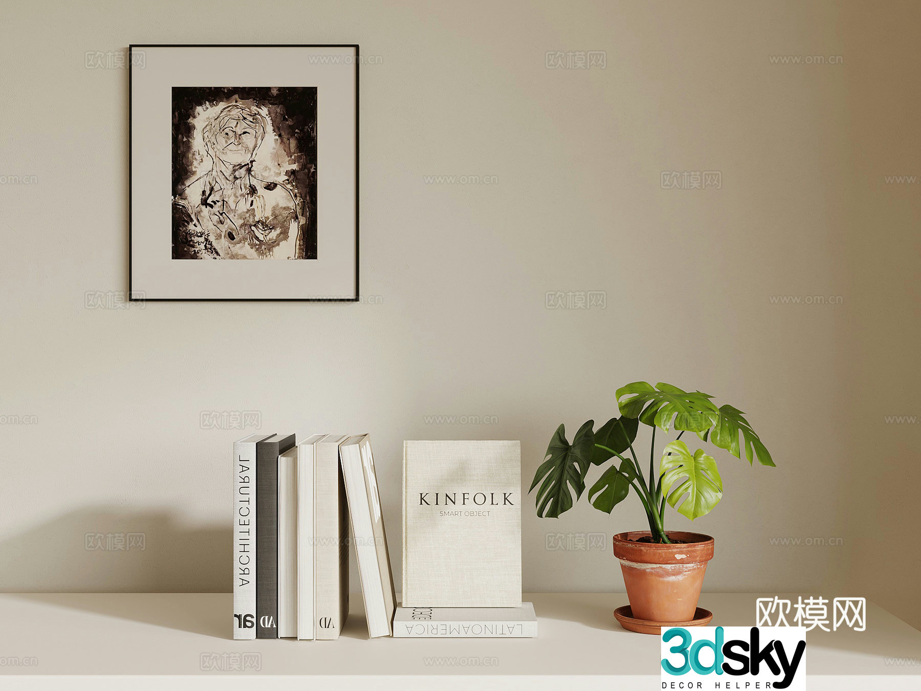 Decorative ornaments Modern cream style book ornaments Decorative painting Green plant potted 3d model 3d model