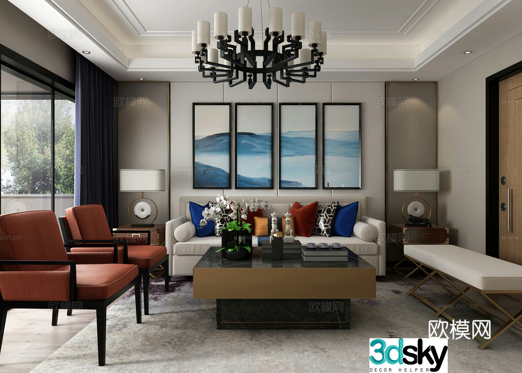 Living room New Chinese style fabric sofa combination chandeliers curtains table lamp 3d model