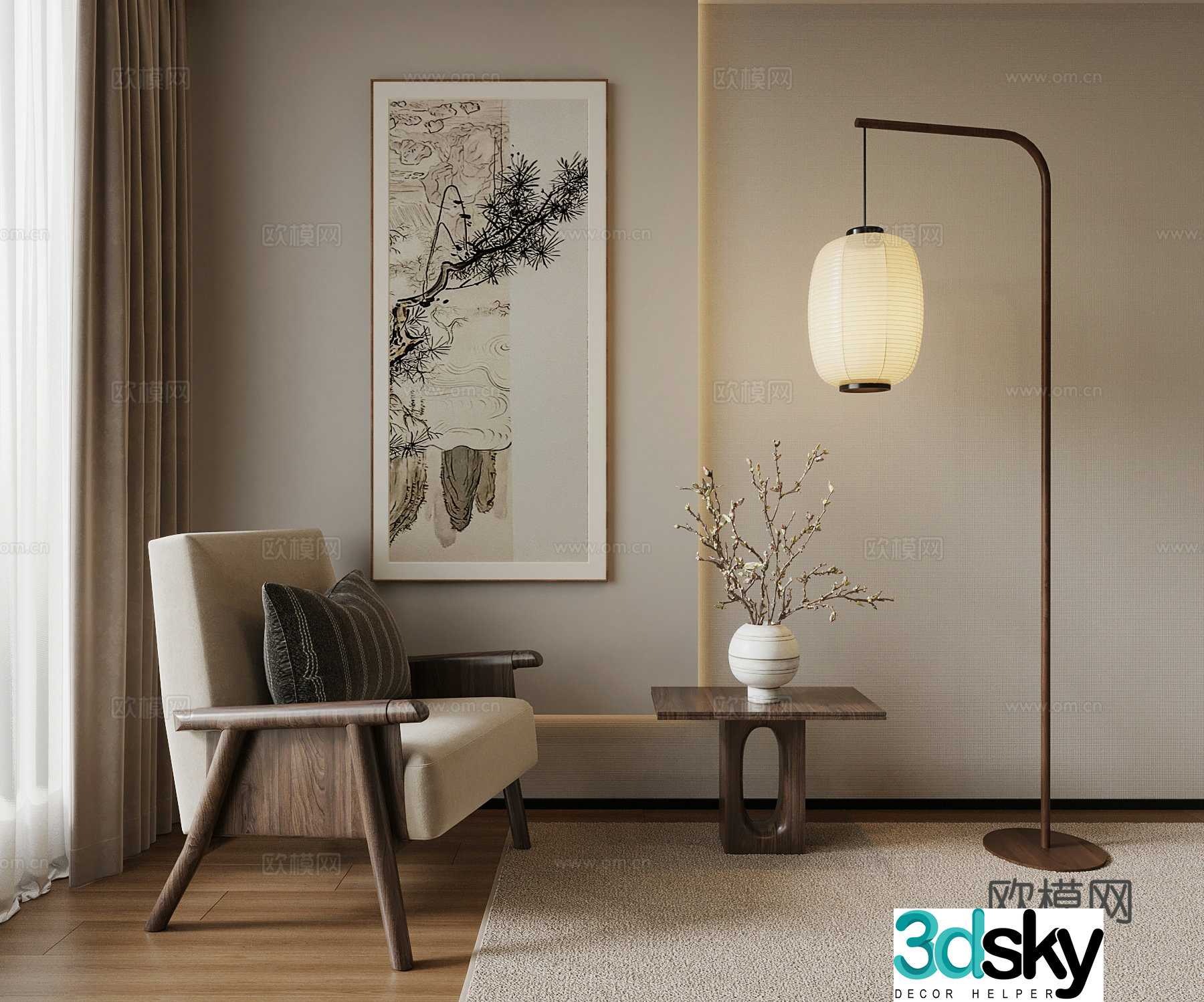 New Chinese style chair ring chair floor lamp 3d model