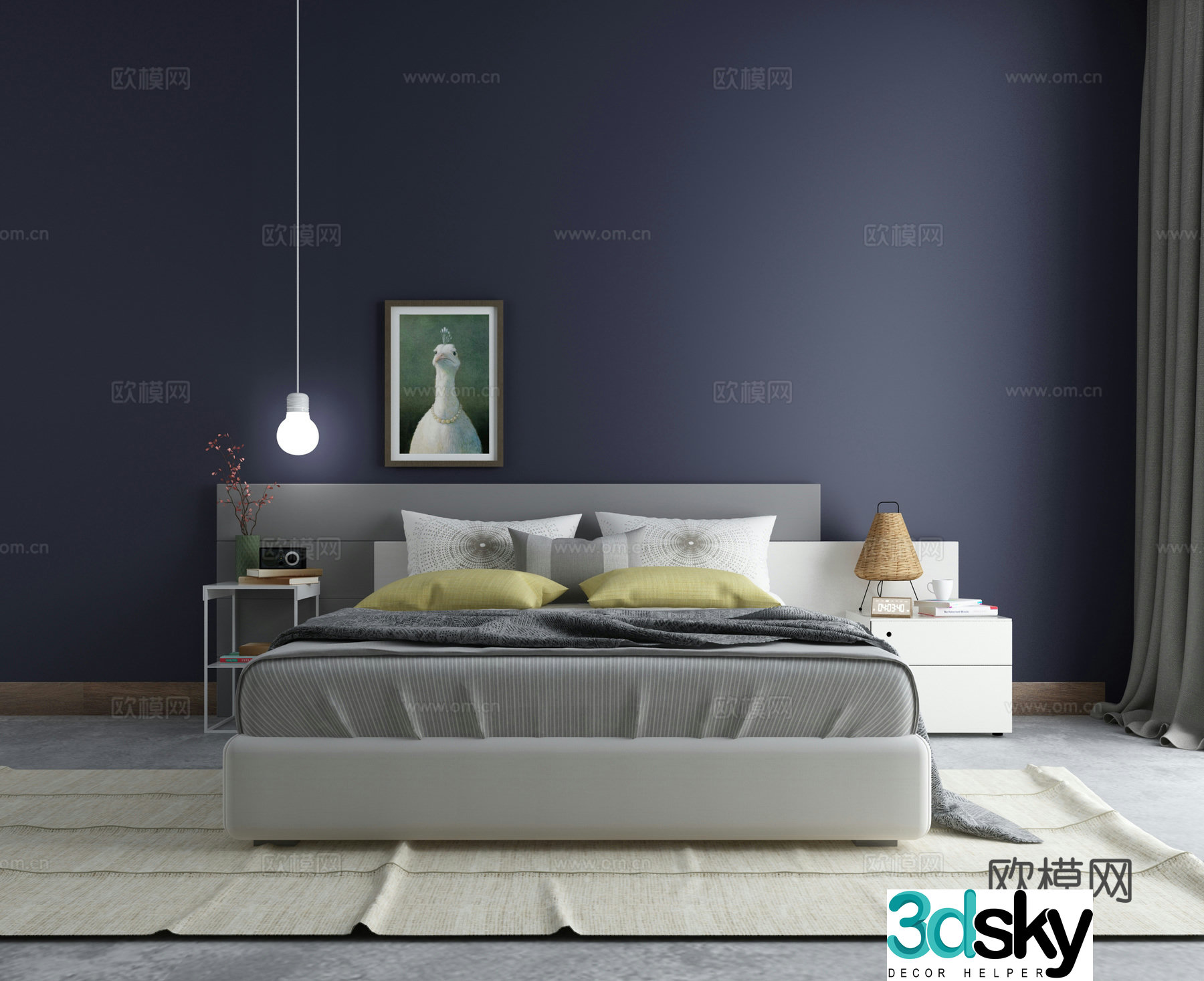 Nordic double bed chandelier bedside table 3d model