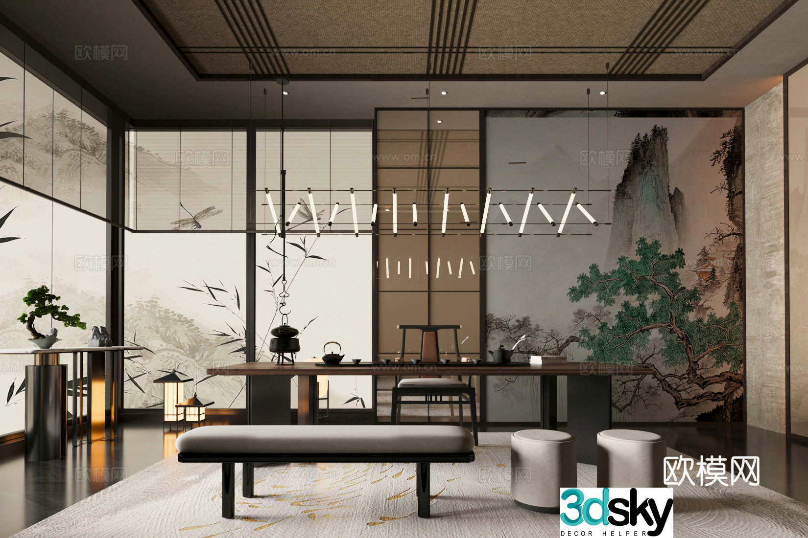 New Chinese-style tea room tea table and chair combination club tea room new Chinese-style screen 3D model
