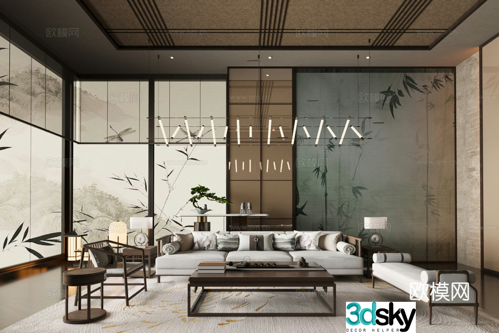 New Chinese-style living room large living room sofa and coffee table combination Chinese-style screen 3D model
