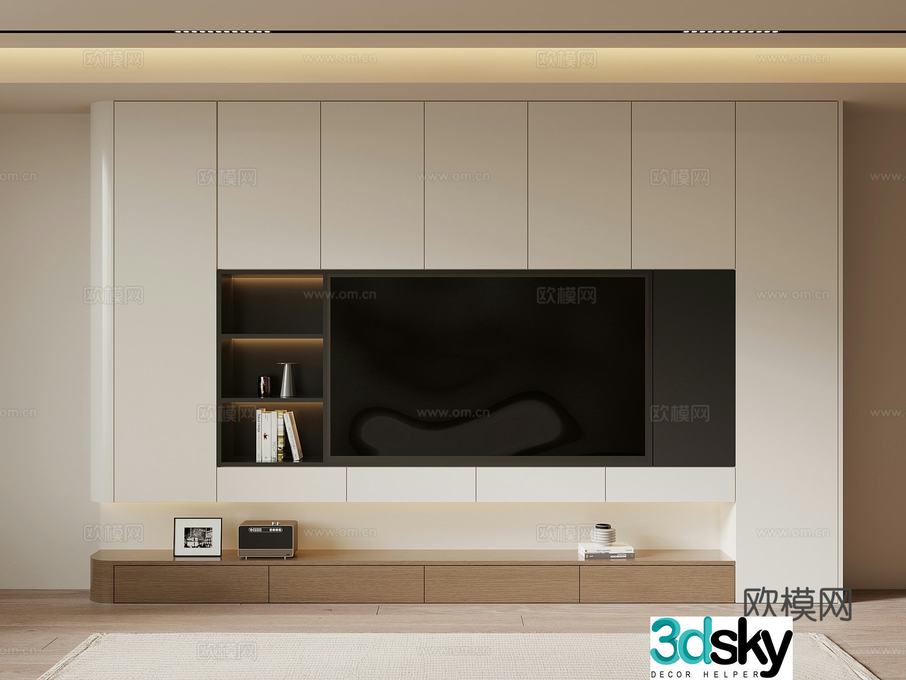 Modern creamy TV cabinet full wall TV cabinet TV background wall 3d model