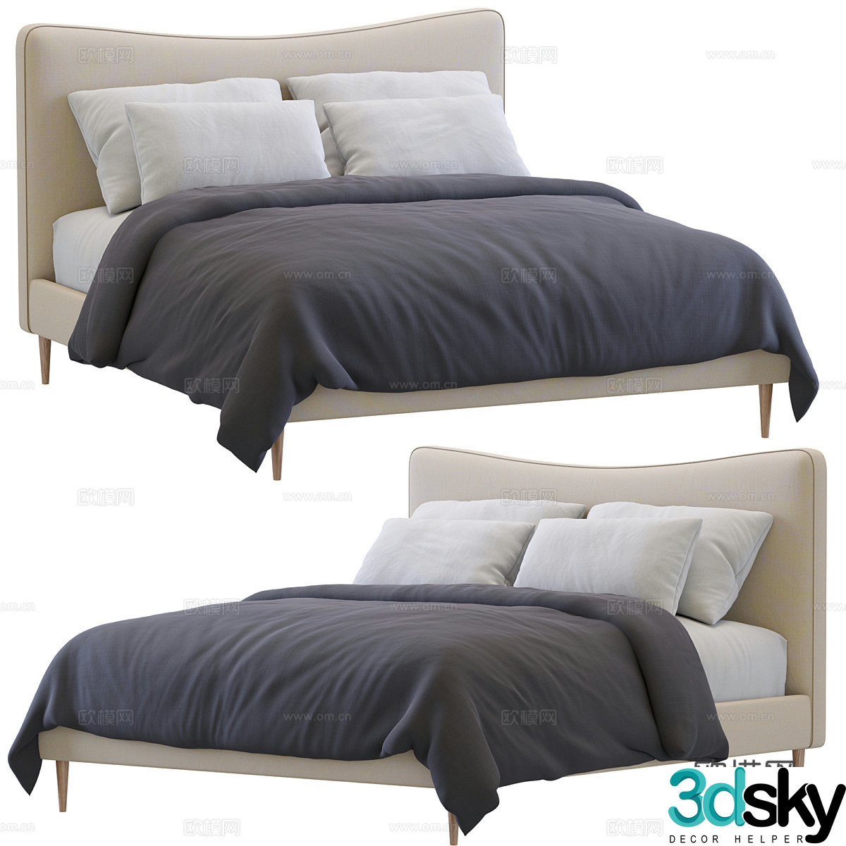 Modern cream style fabric double bed 3d model