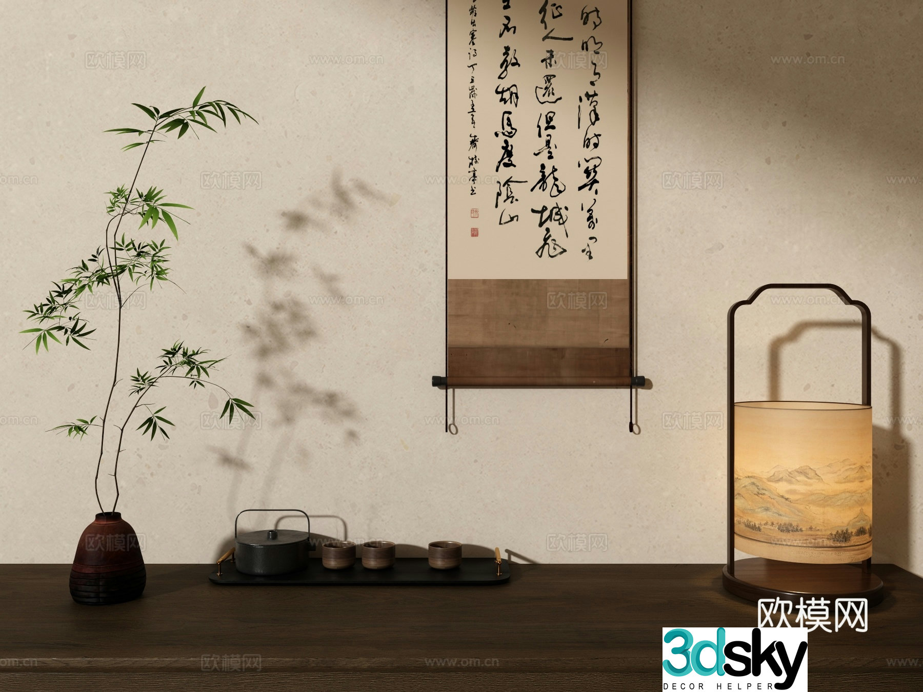 New Chinese style table lamp hanging painting green plant tea set ornament combination 3D model