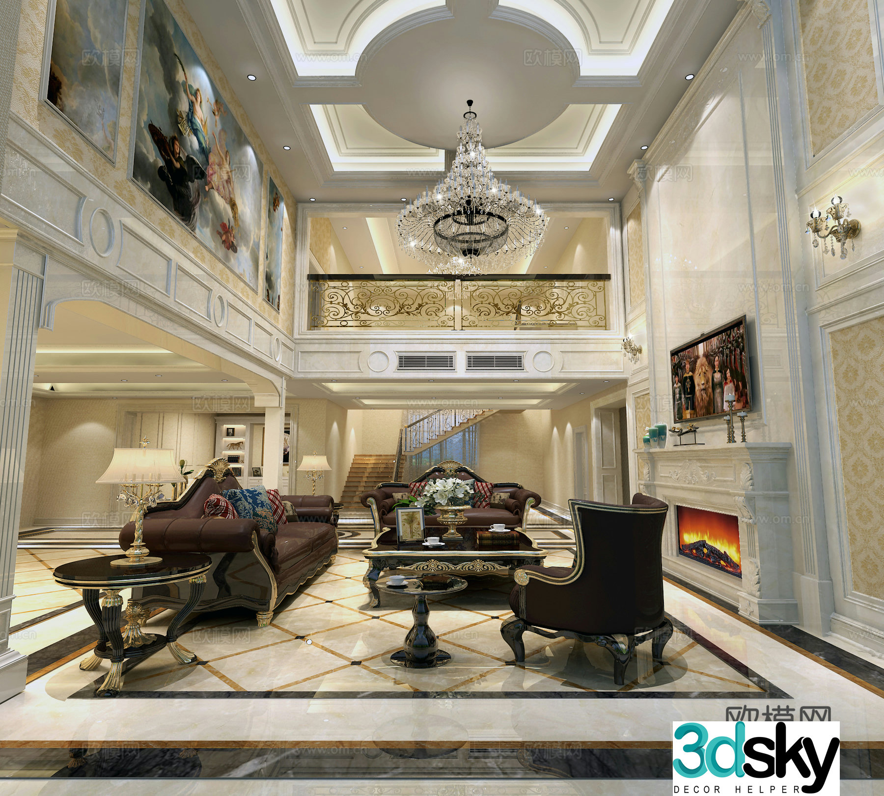 Simple European style villa high living room special shape ceiling European background wall line fireplace floor 3D model