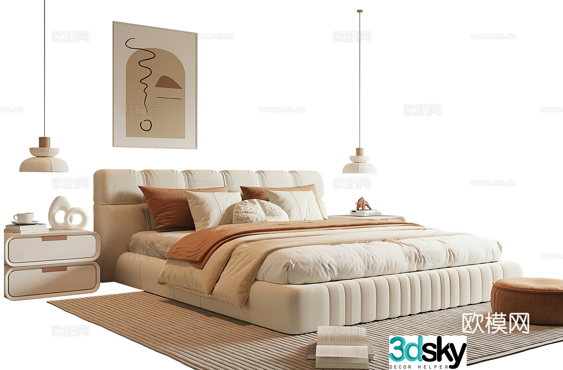 Modern cream style double bed 3d model