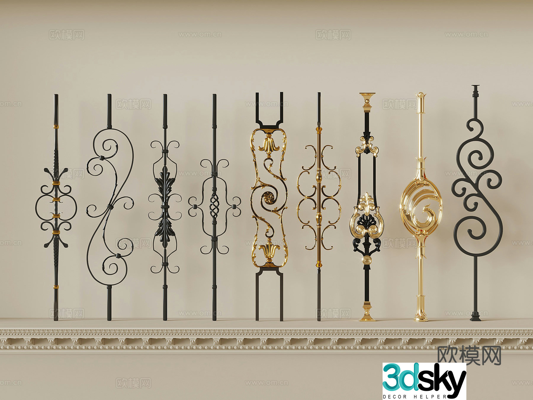 Railing French railing column Stair guardrail Wrought iron railing 3d model