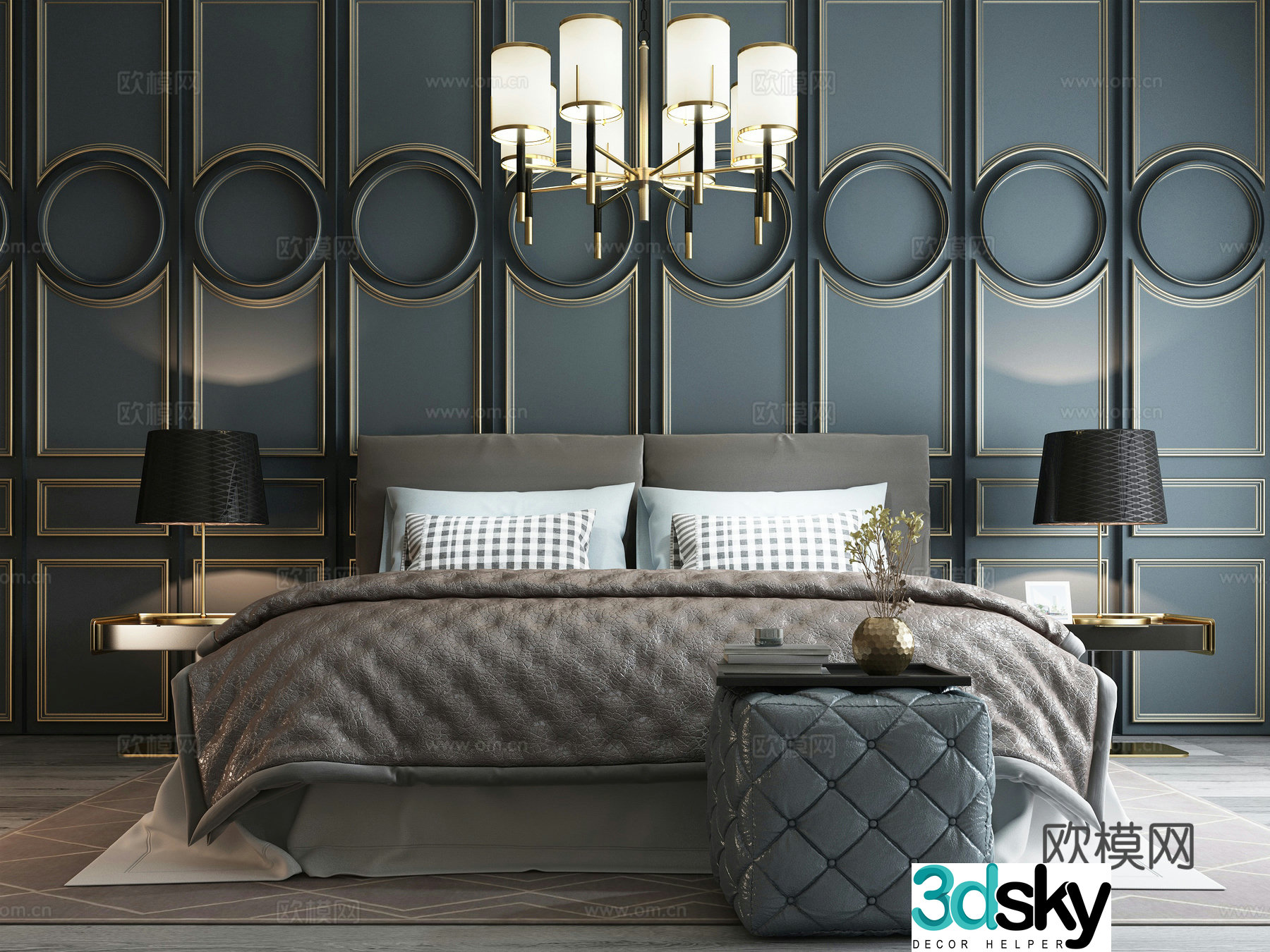 Modern bedding carpet chandelier bedside table lamp bed 3d model