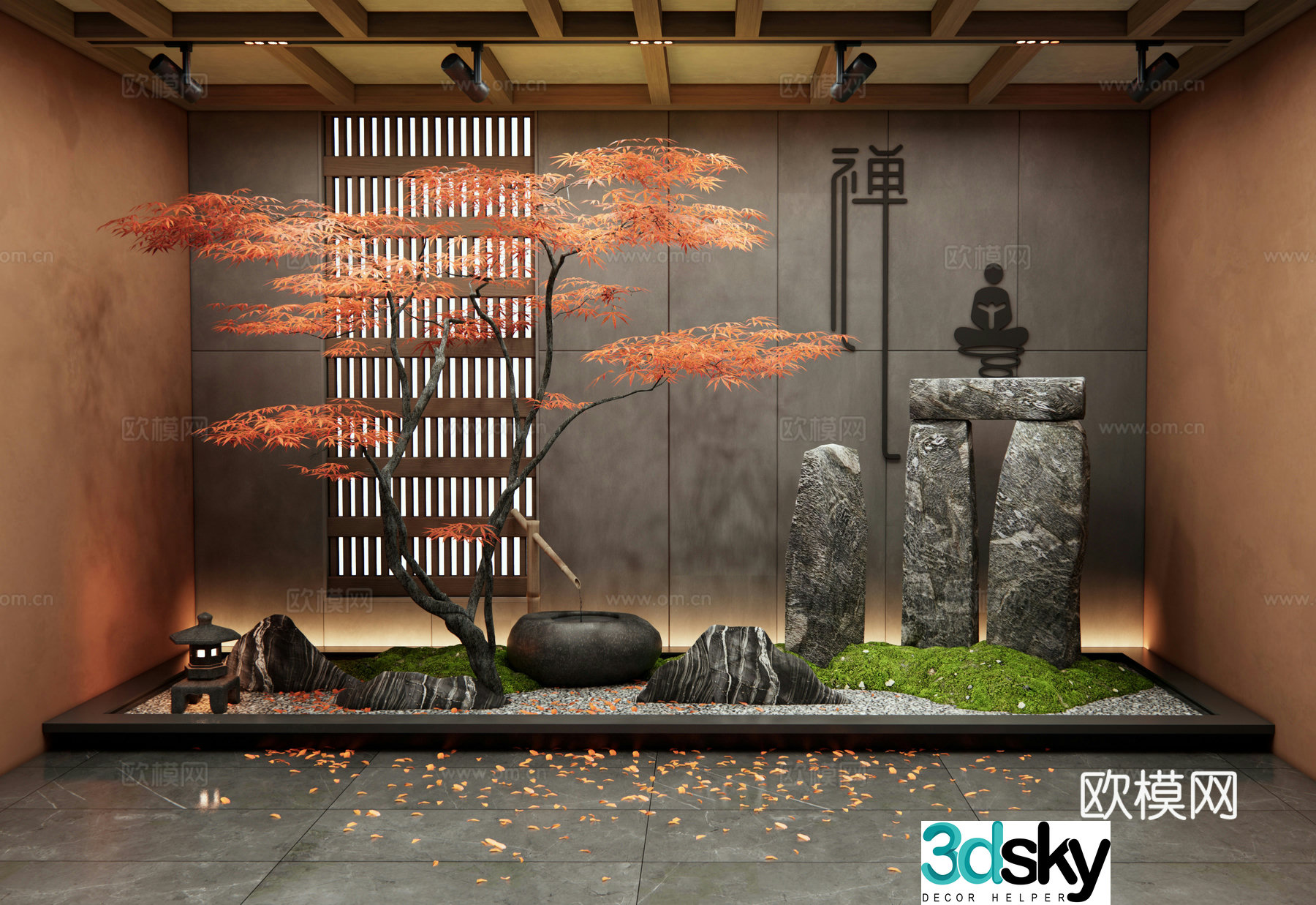 New Chinese style courtyard landscape sketch Interior landscape Landscape Stone Water bowl Red maple landscape tree 3D model