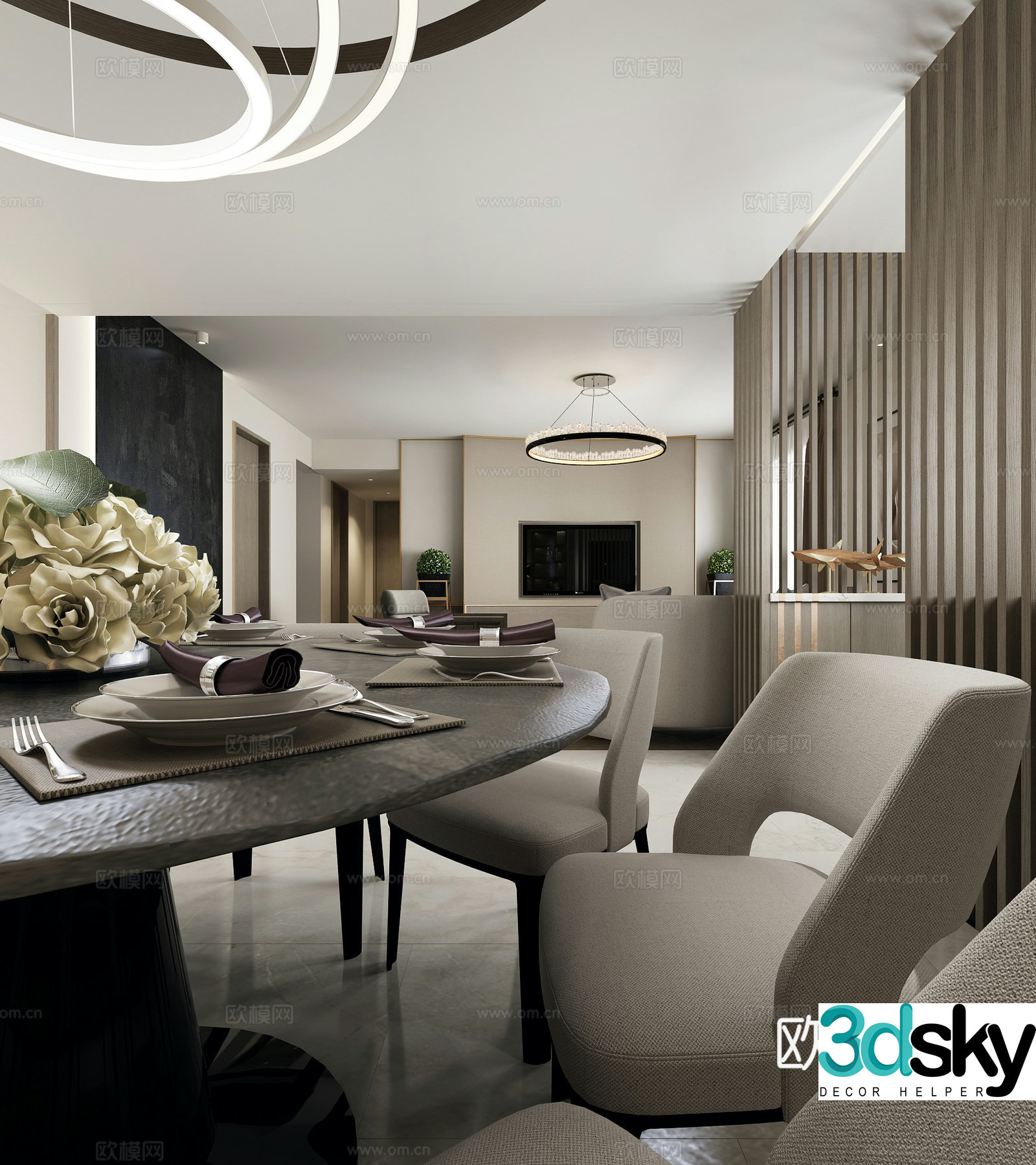 Modern living and dining room sofa combination dining table and chair combination chandelier decorative painting coffee table 3D model