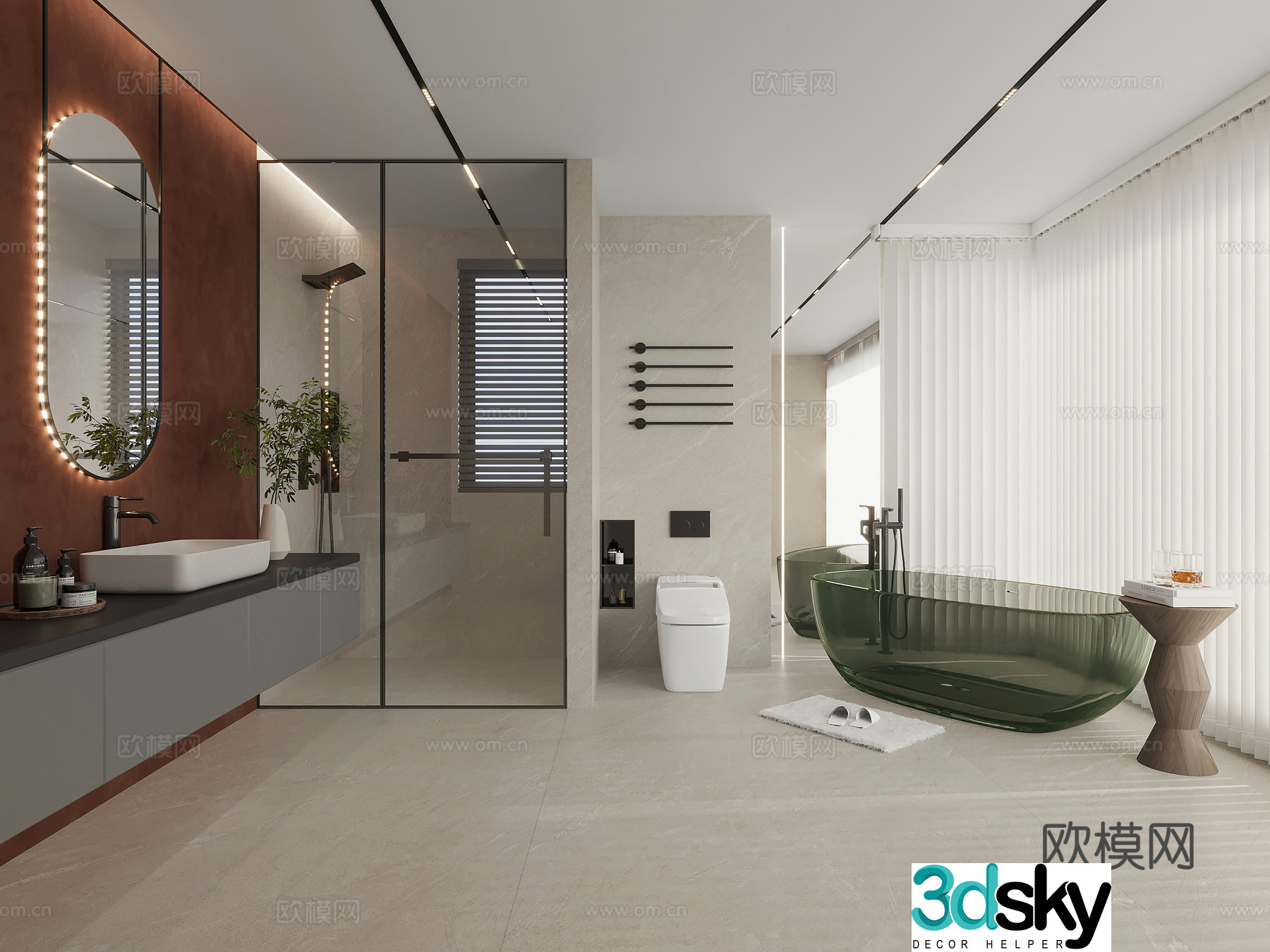 Modern minimalist bathroom dry and wet bathroom 3D model