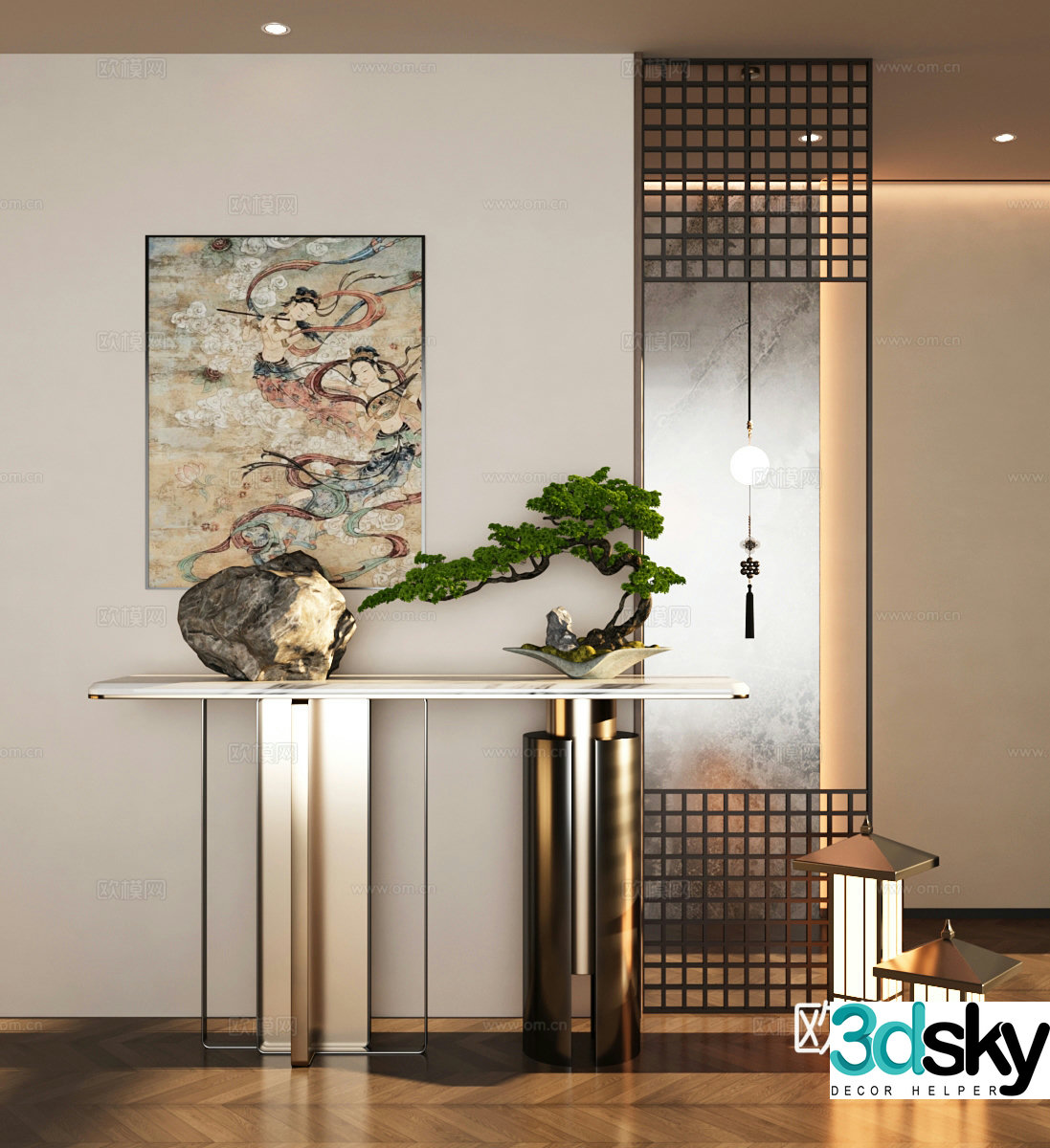 New Chinese style plan end view platform ornament combination floral ornament 3D model
