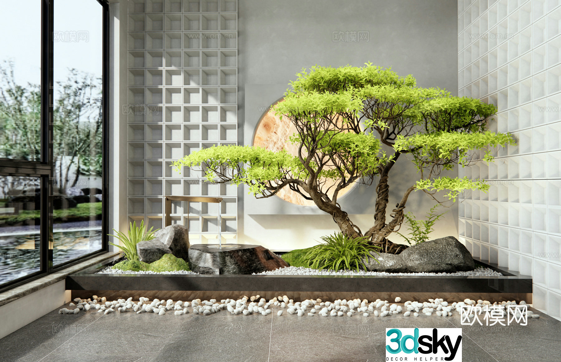 New Chinese style courtyard sketch Indoor landscape landscaping Water bowl Water view Stone Plant landscape 3D model