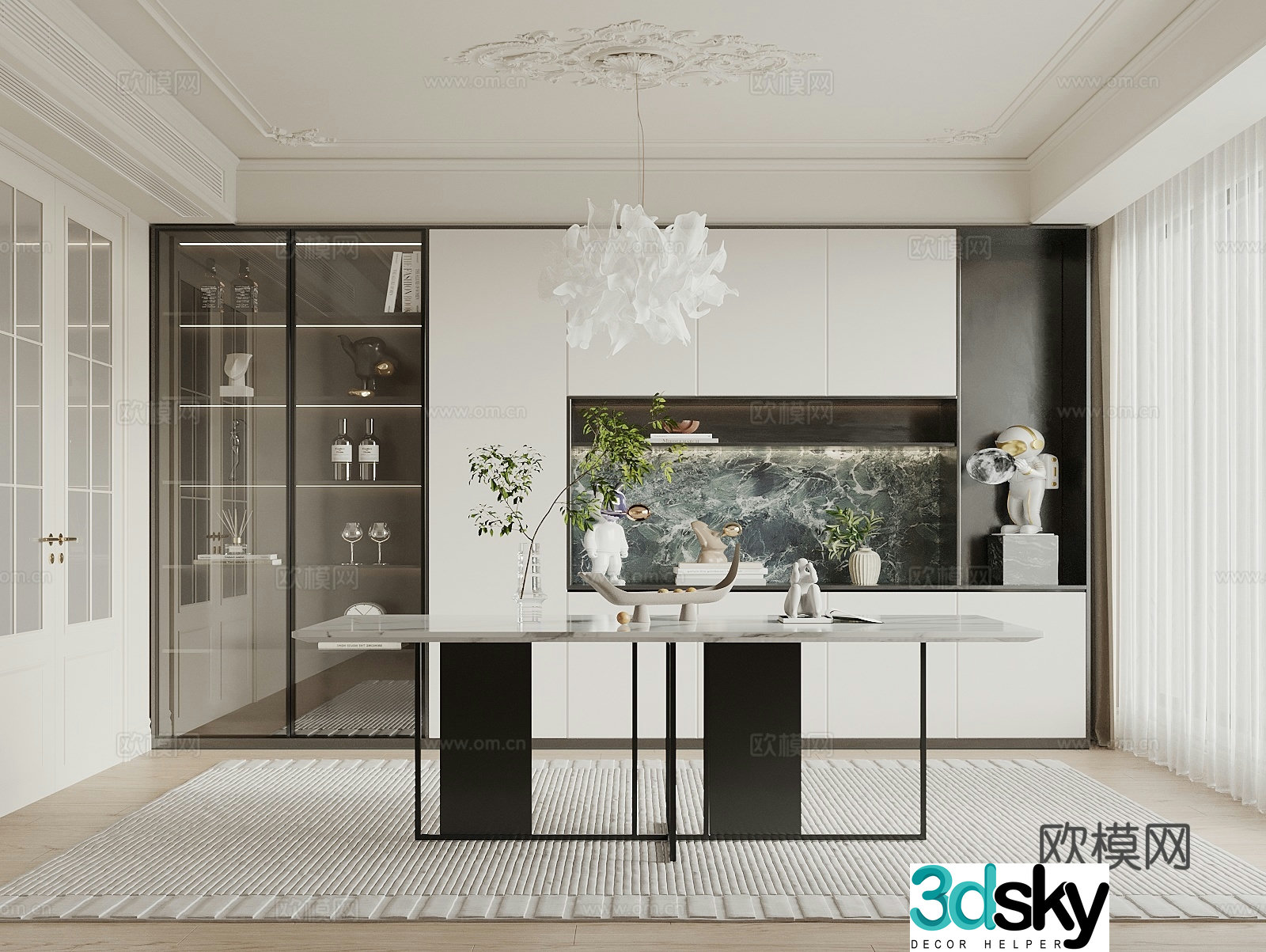 French simple European restaurant wine cabinet sideboard dining table restaurant chandeliers artwork ornaments 3D model