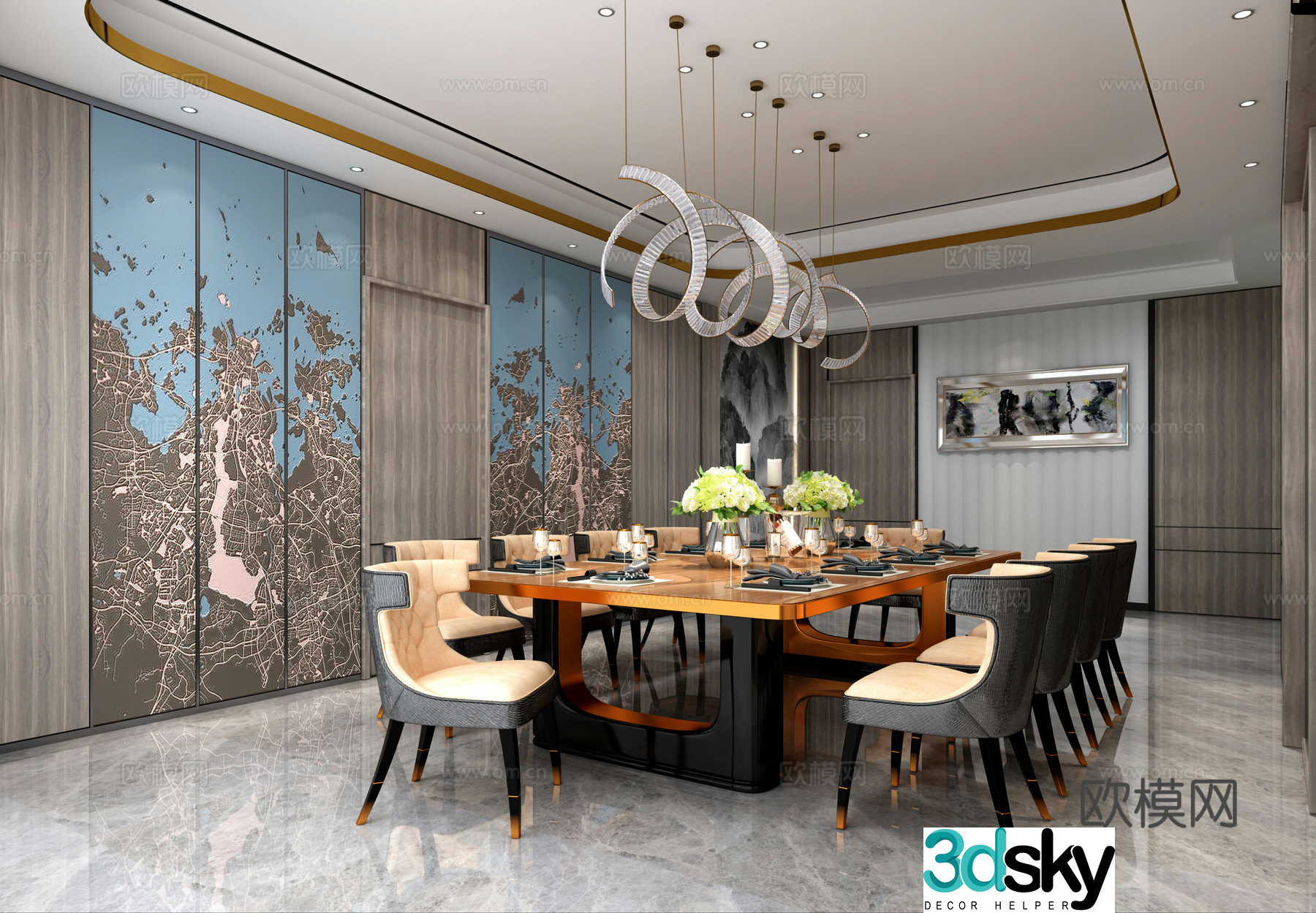 Modern living and dining table and chairs hanging lamps murals desktop ornaments sofa and coffee table 3D model