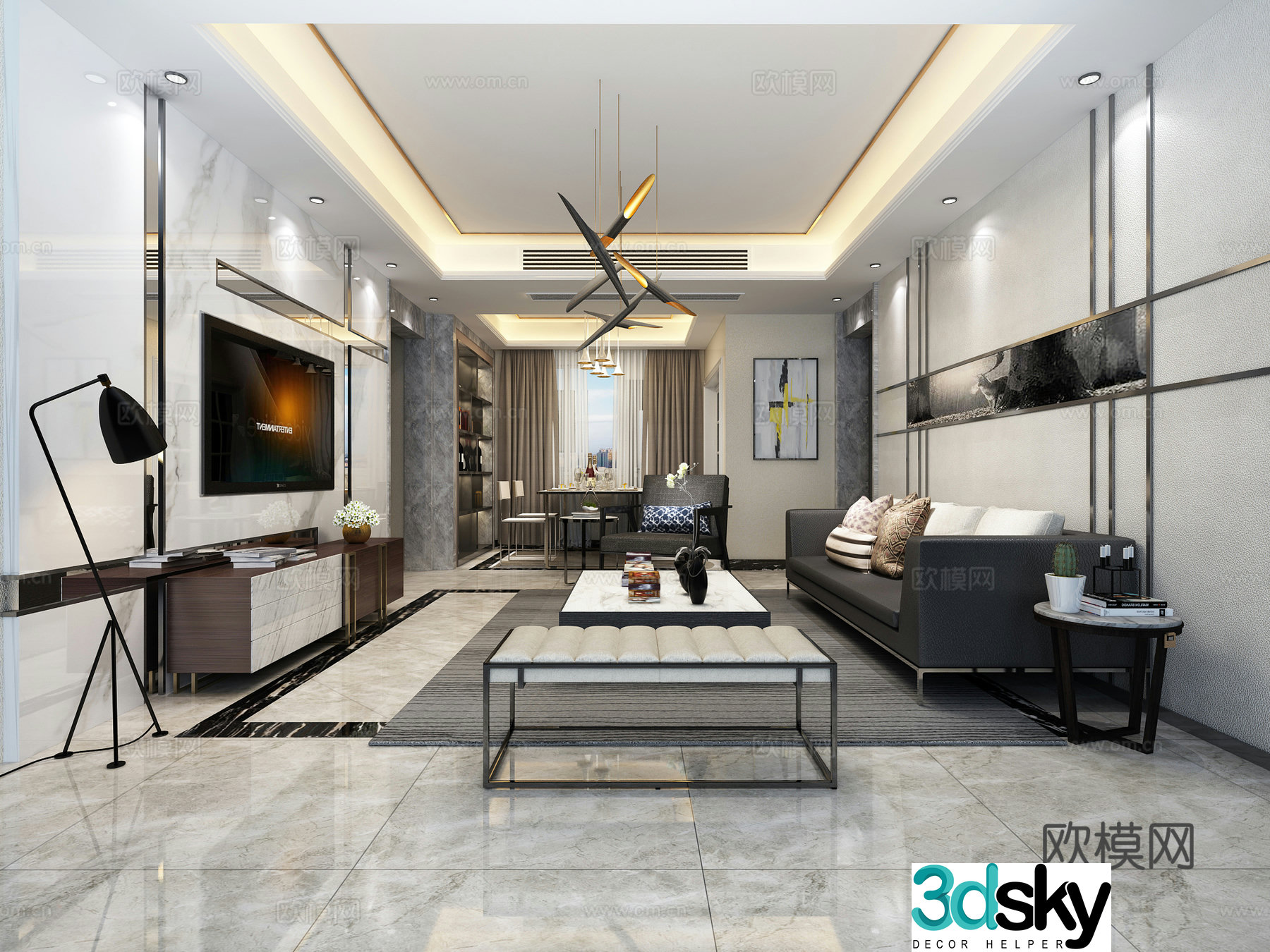 Modern living room background wall sofa coffee table chandelier desktop ornament hanging painting 3d model