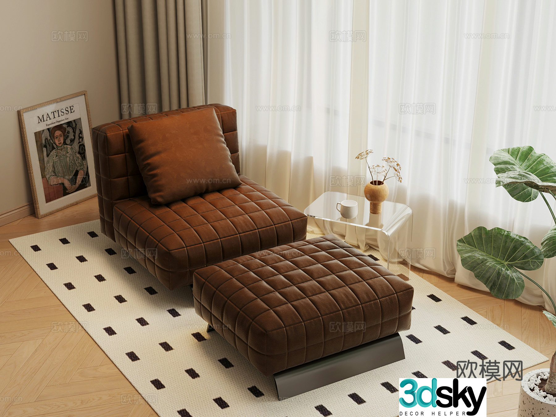 Leather lounge chair casual sofa floor lamp 3d model