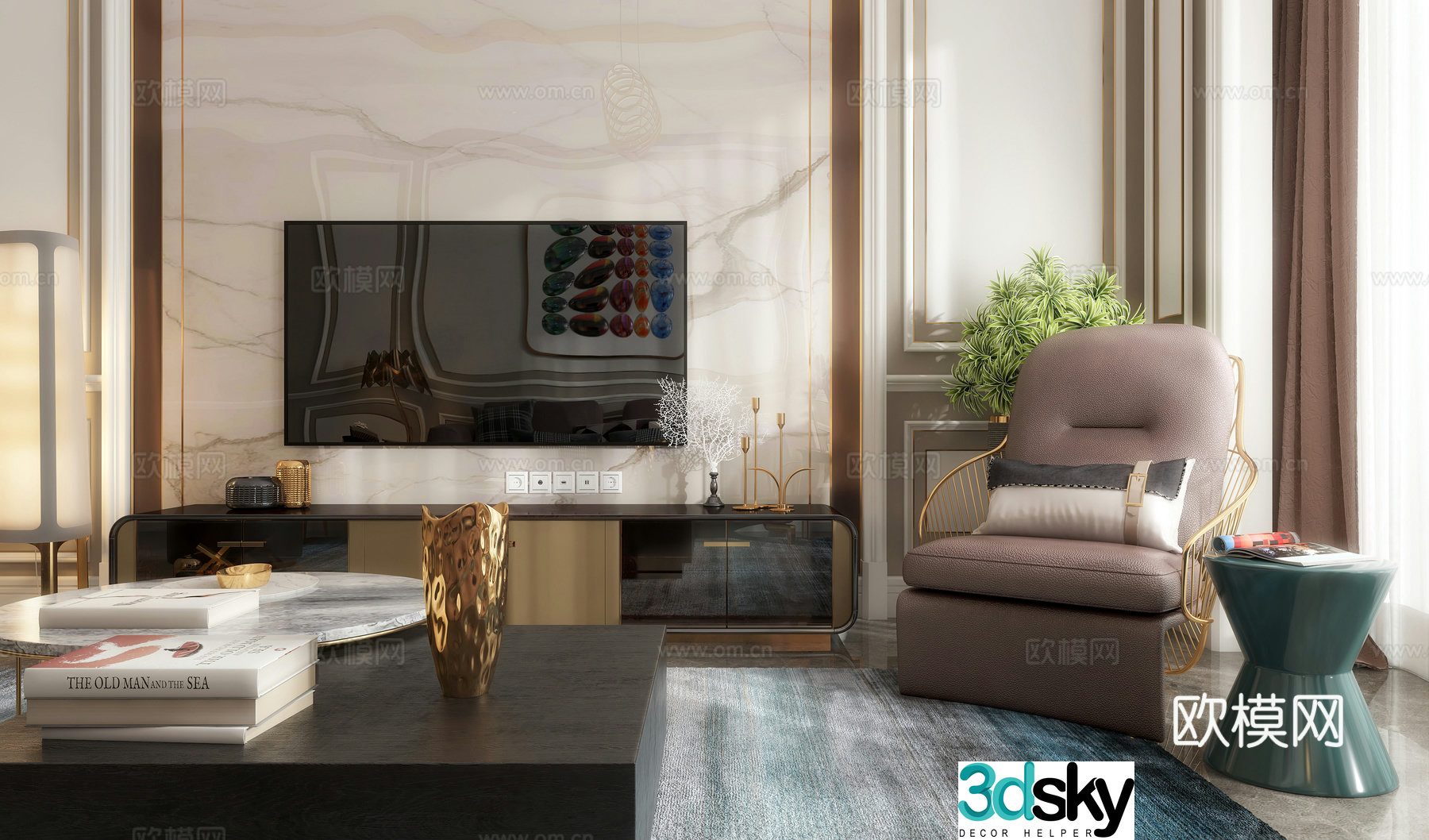 Modern light luxury living room dining table chair sofa coffee table chandeliers desktop ornaments 3D model of hanging paintings