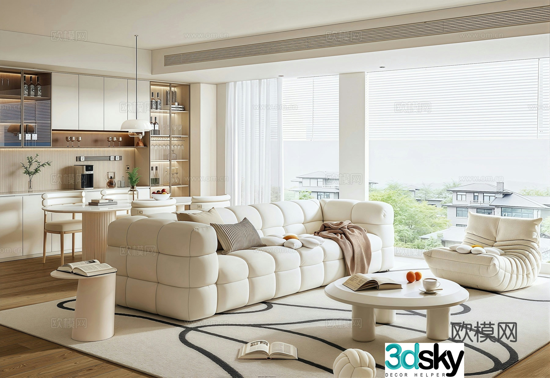 Modern creamy restaurant sofa and coffee table combination sideboard dining table and chair combination 3D model