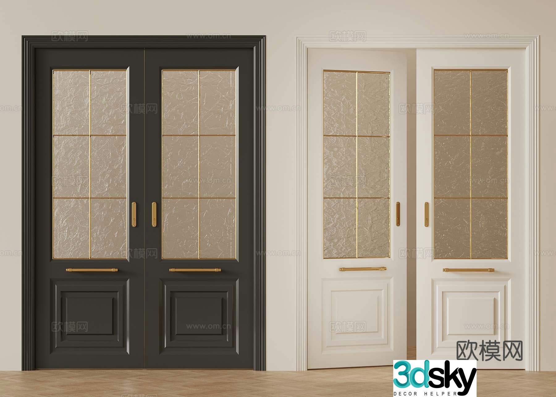 French cream style double door glass double door 3D model