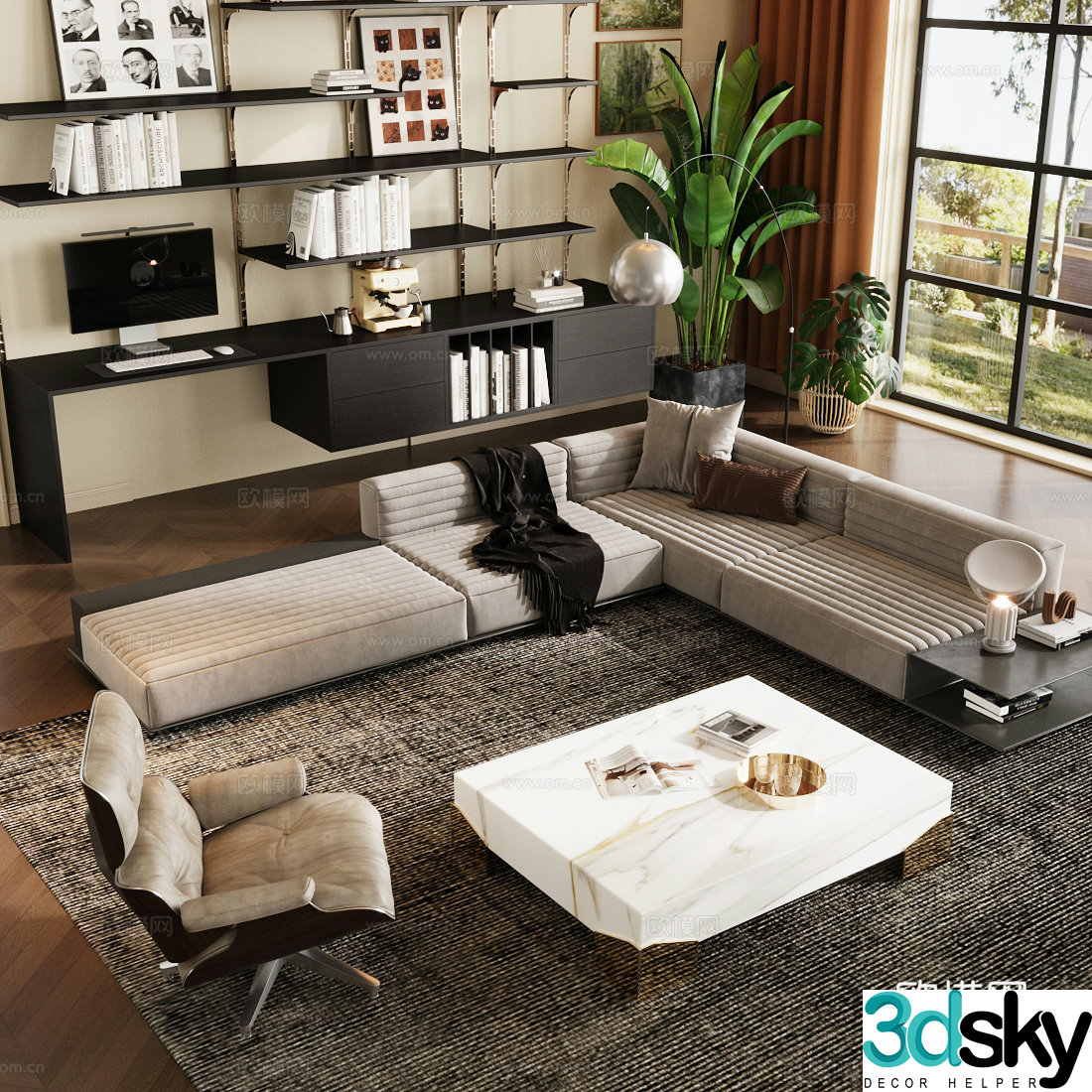 Modern home living room horizontal living room sofa coffee table combination solid wood bookcase 3D model