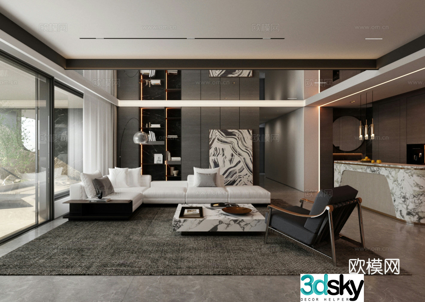 Italian light luxury home living room large living room horizontal living room sofa and coffee table combination 3D model