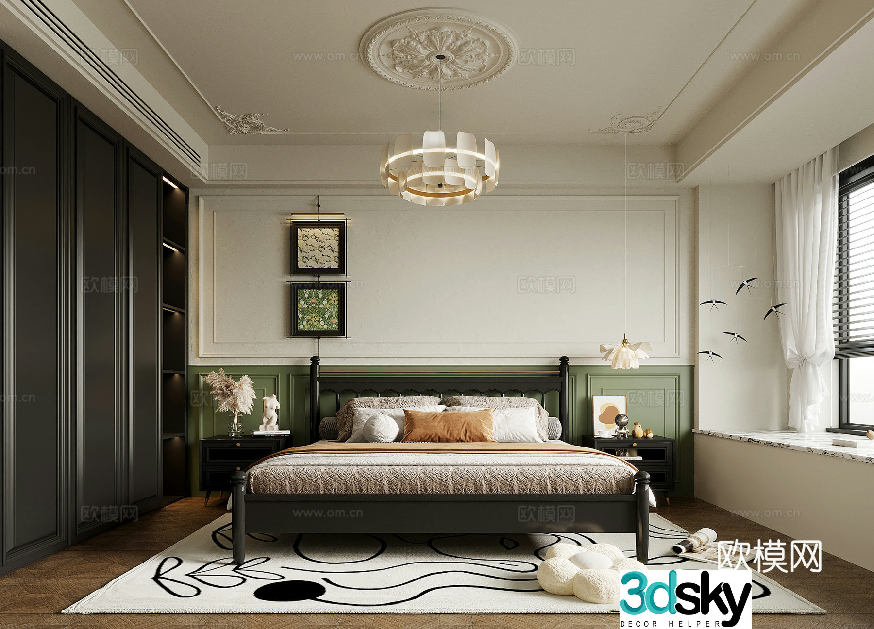 Bedroom French retro style bedroom Double bed nightstand wardrobe 3d model
