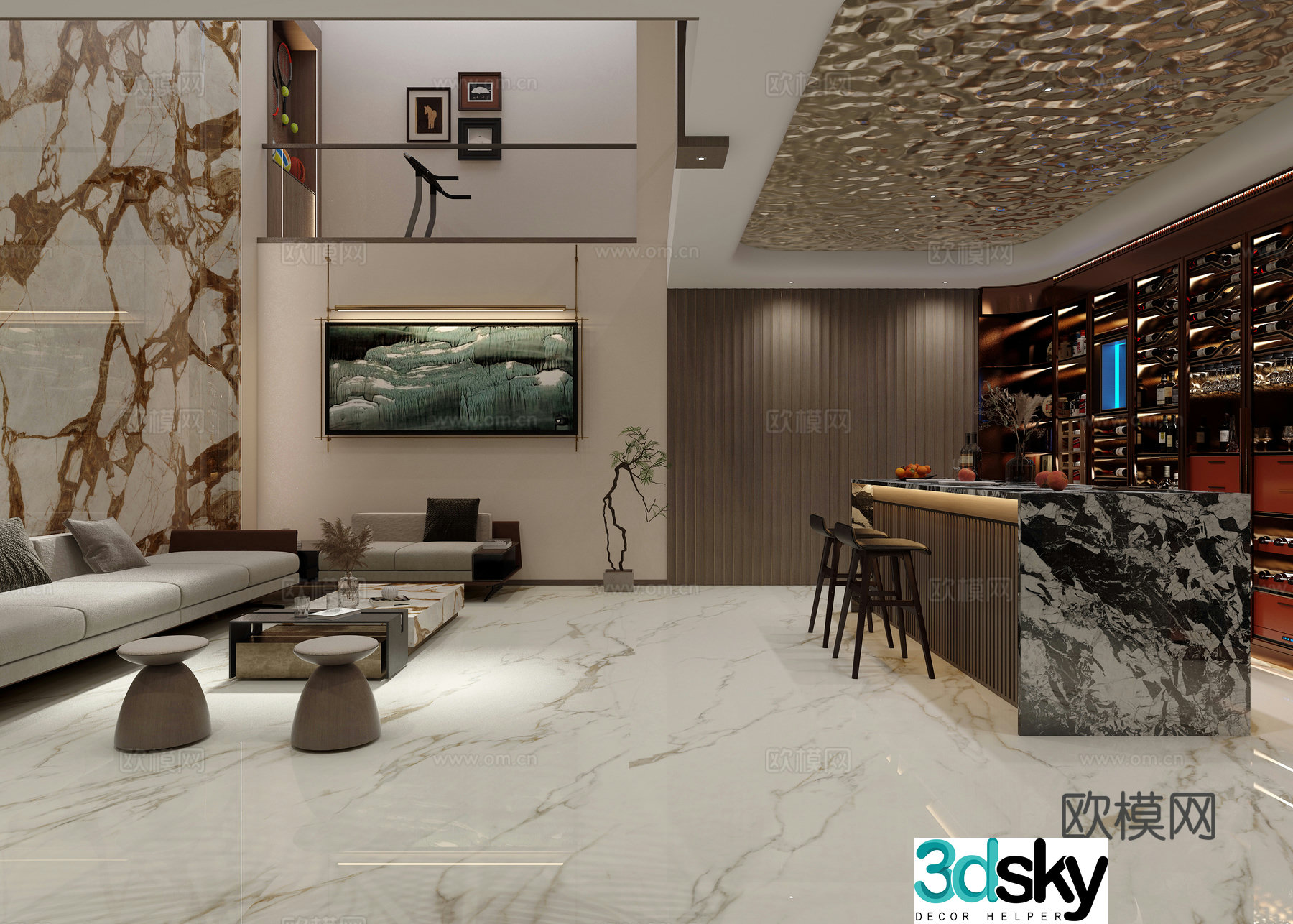Modern villa basement wine cabinet bar leisure area 3d model