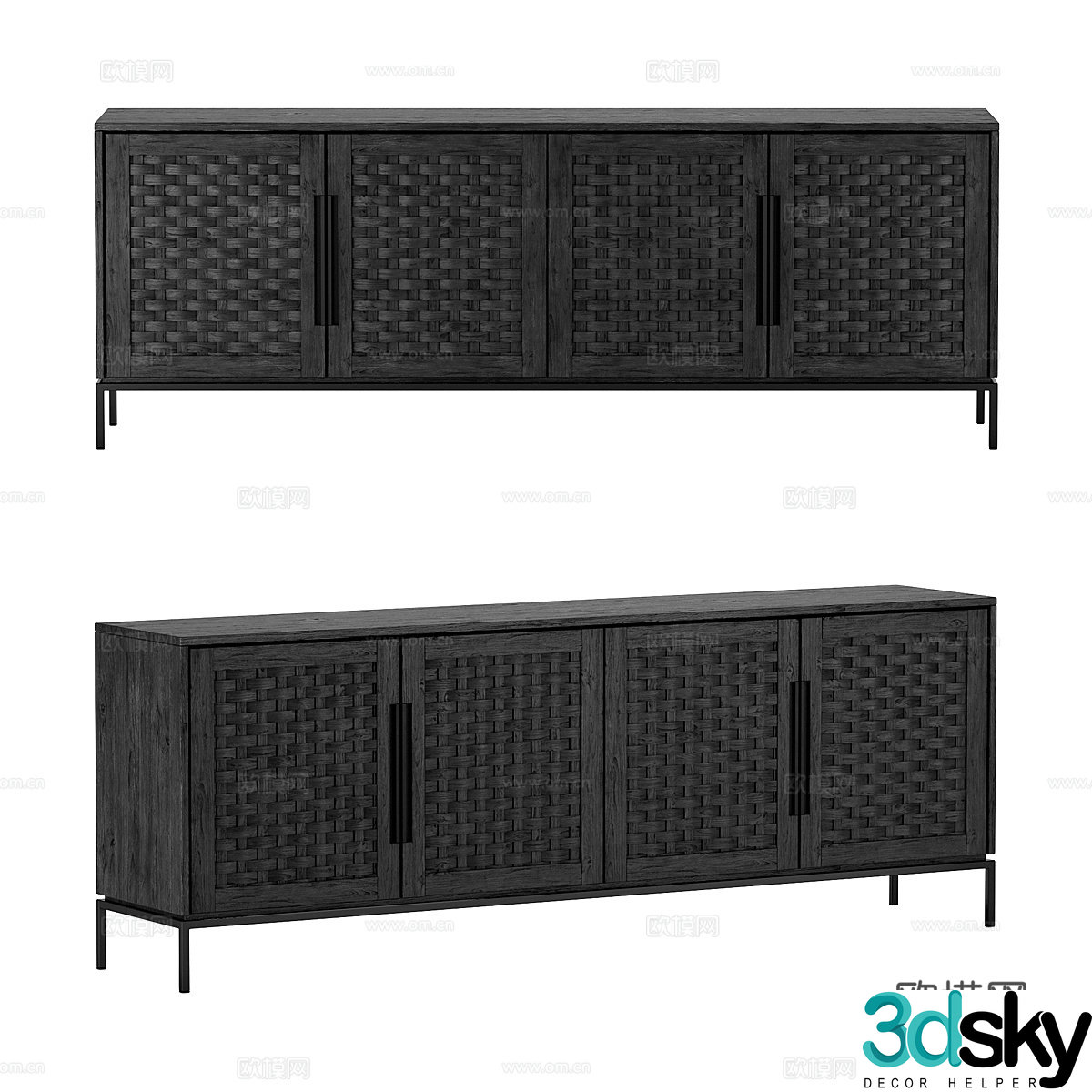 Modern Italian dark style solid wood rattan TV cabinet 3D model