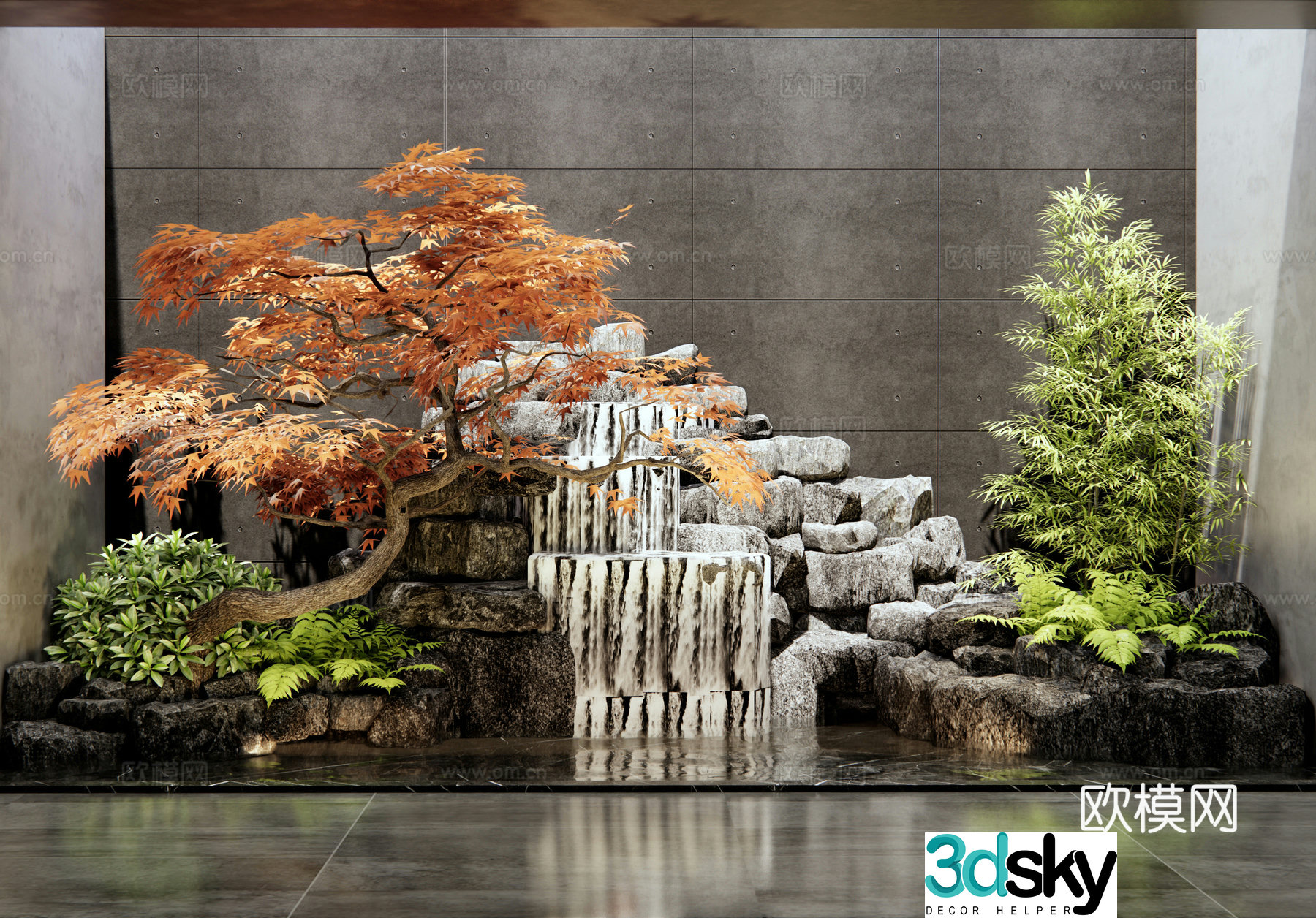New Chinese style rockery waterscape interior landscape sketch stone patio landscape courtyard sketch red maple 3d model
