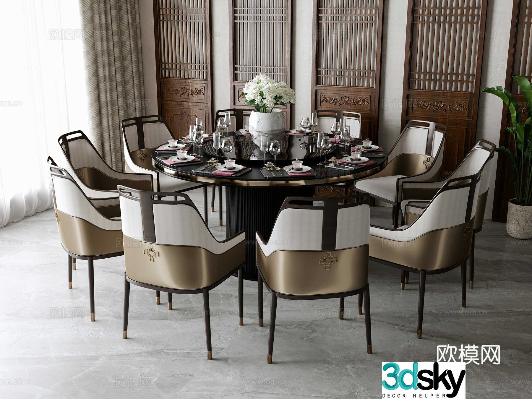 New Chinese dining table and chair combination 3D model