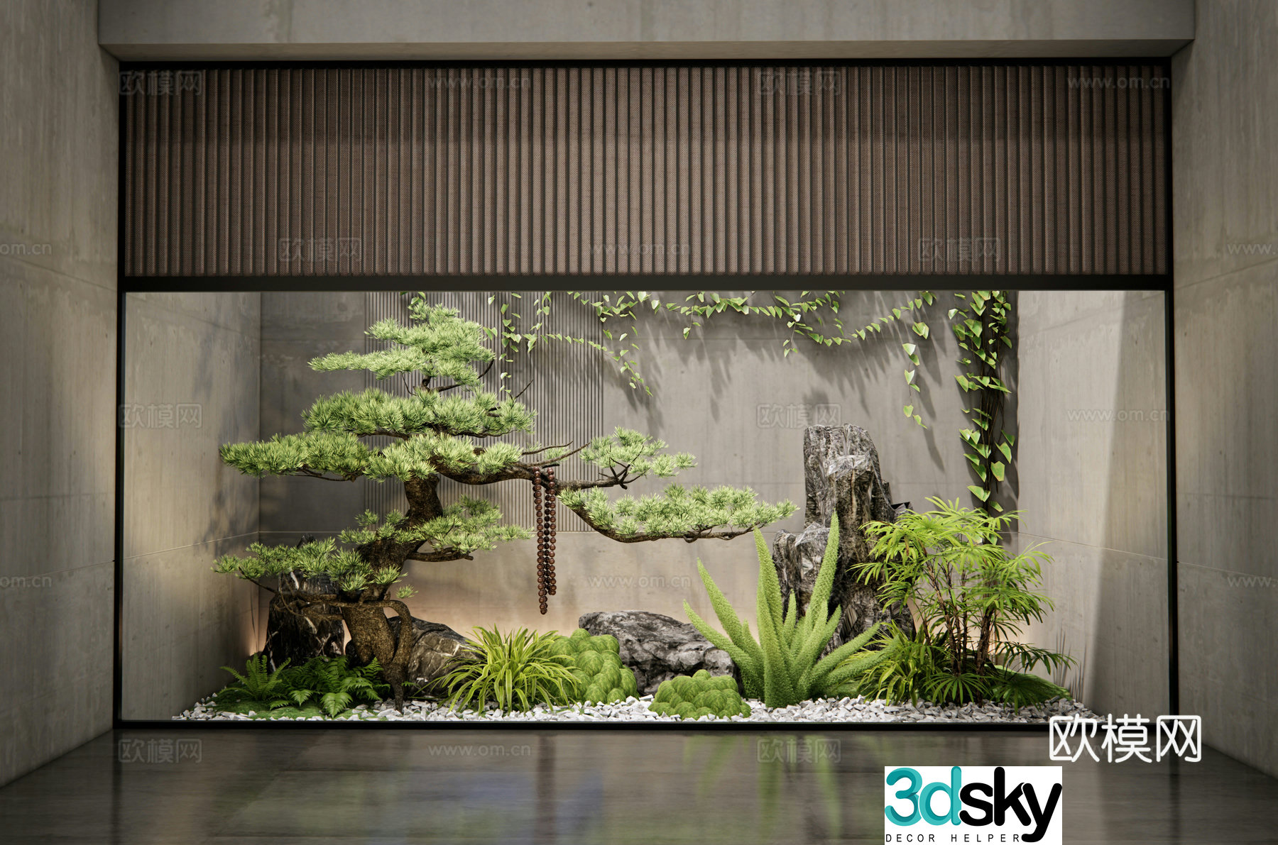 New Chinese style courtyard landscape sketch Interior landscape Patio landscape Pines Plant combination 3D model