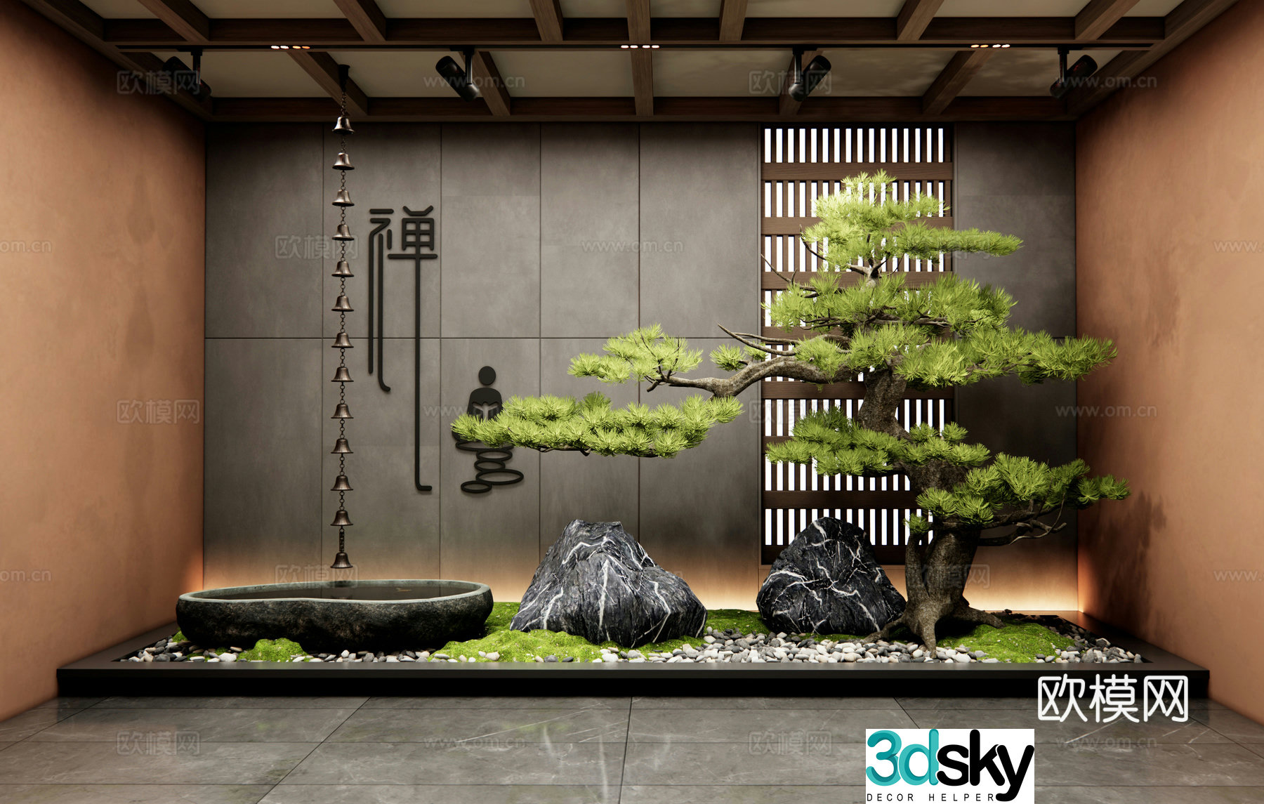 New Chinese style interior landscape courtyard landscape sketch landscape stone water bowl rain chain pine tree landscaping 3D model