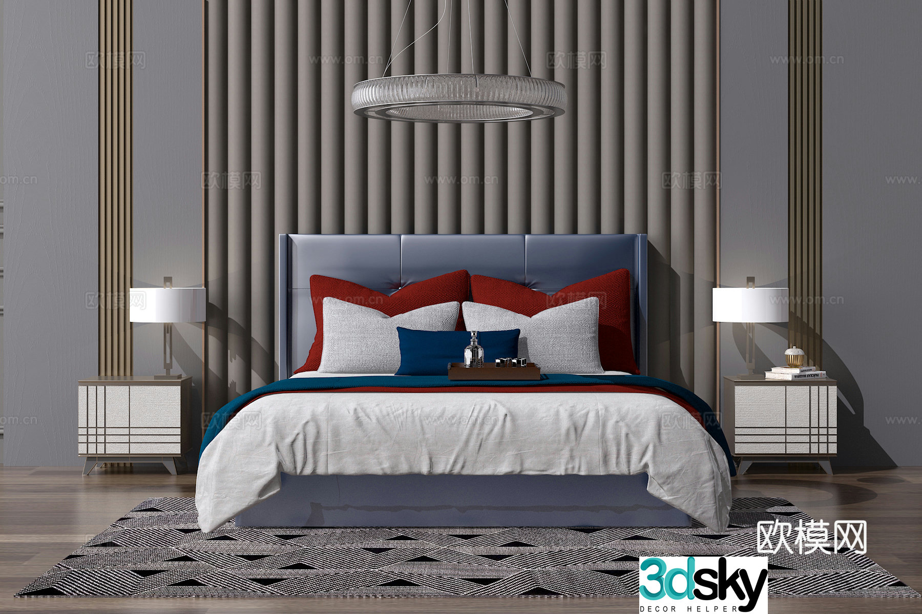 Modern double bed Chinese style bed Nordic bed simple European bed Double bed Chinese style bed head background 3D model