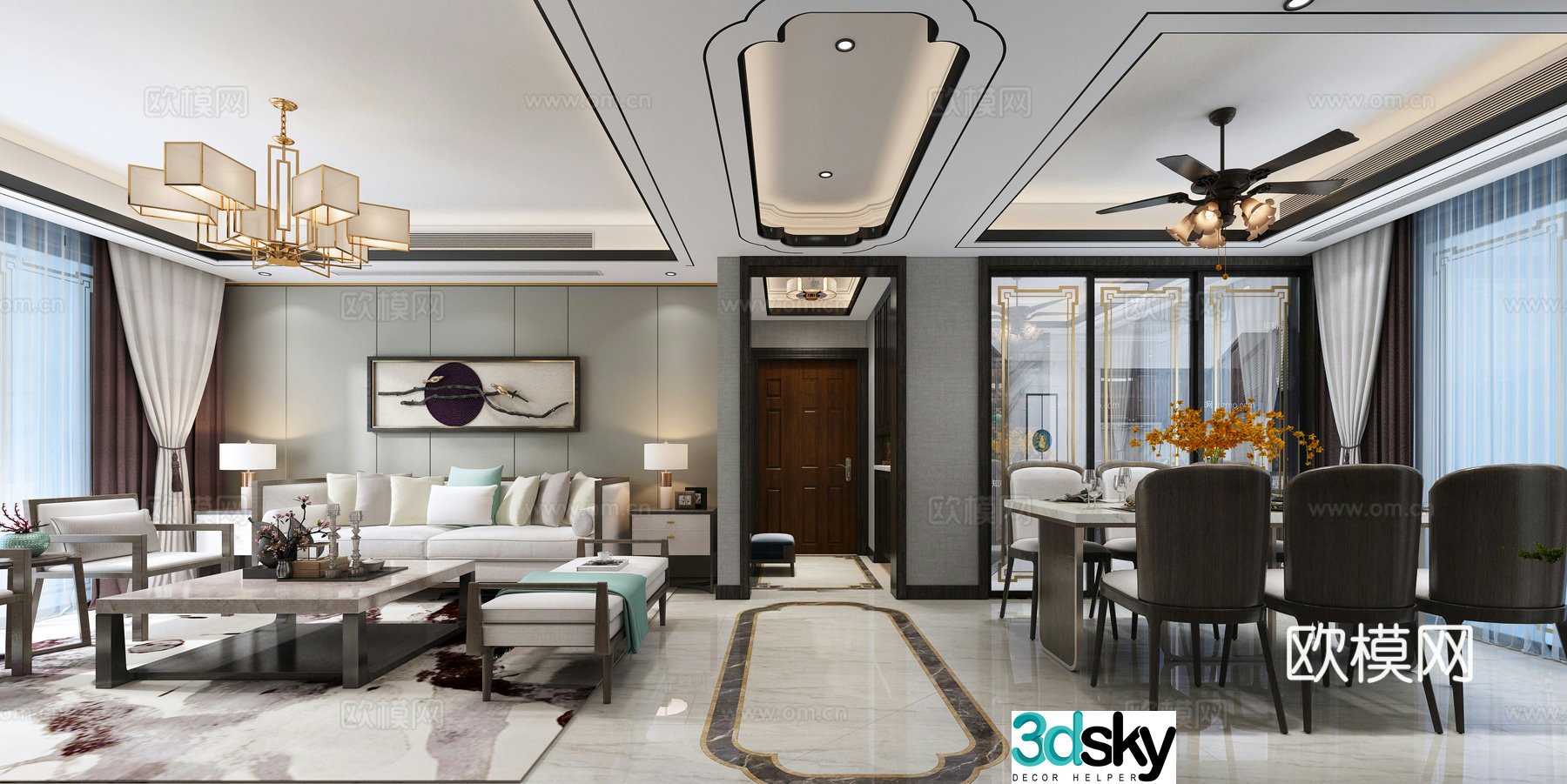 New Chinese style living and dining room living room dining table chair sofa coffee table chandelier desktop ornament hanging painting 3D model
