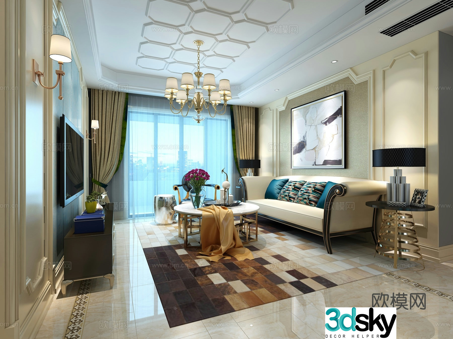 European classical living room chandeliers decorative paintings TV cabinet 3d model